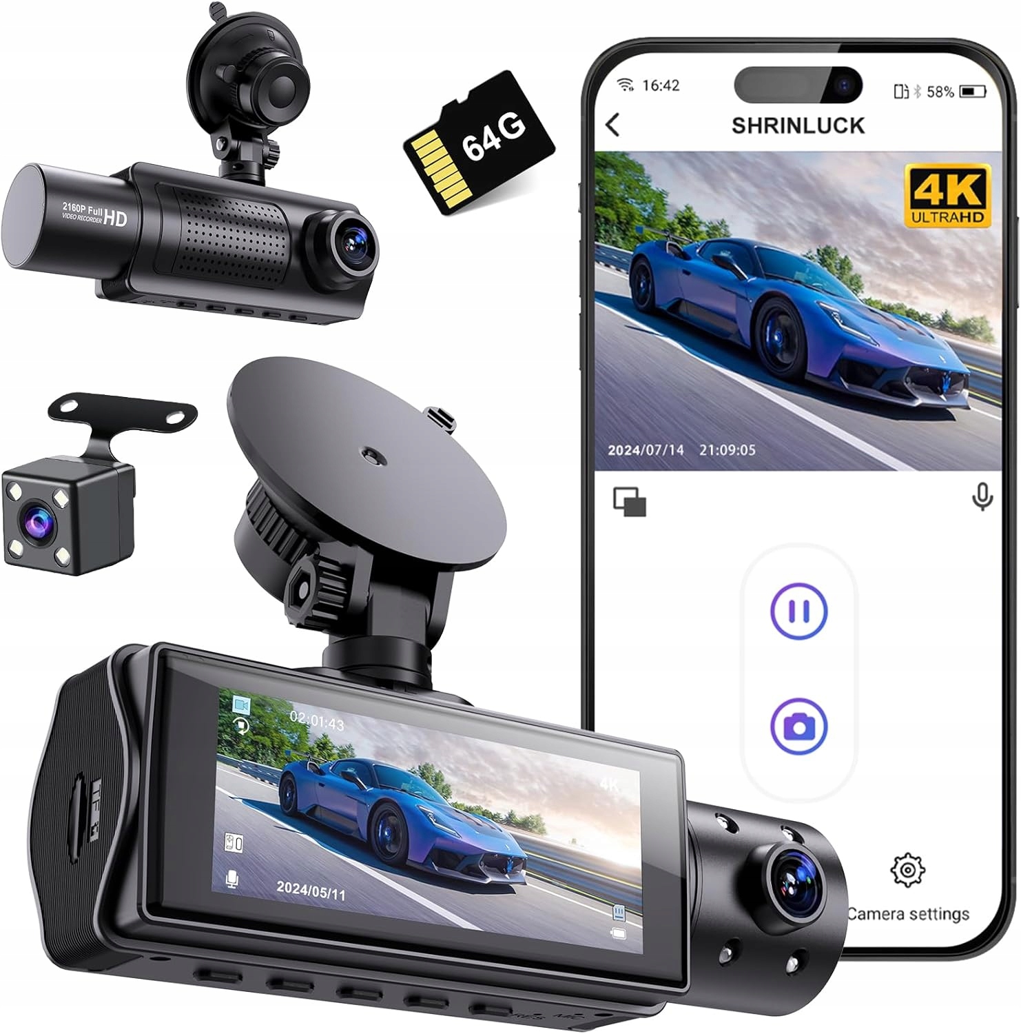 Videorekordér Autokamera Shrinluck X5 Predná Zadná Wifi 4K 360°