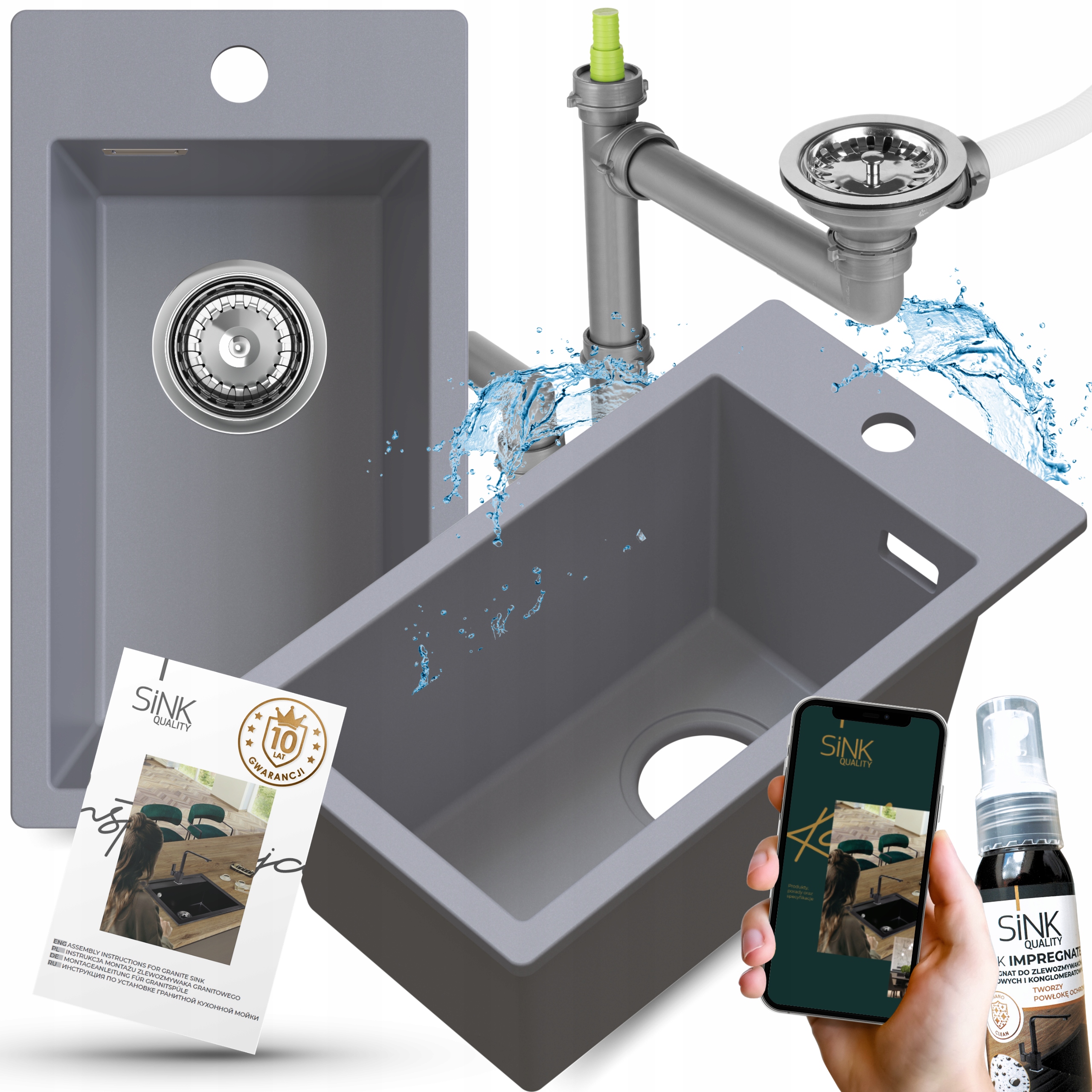 Granitový dřez šedý Jednokomorový Malý Úzký kuchyňský Dřez hluboký