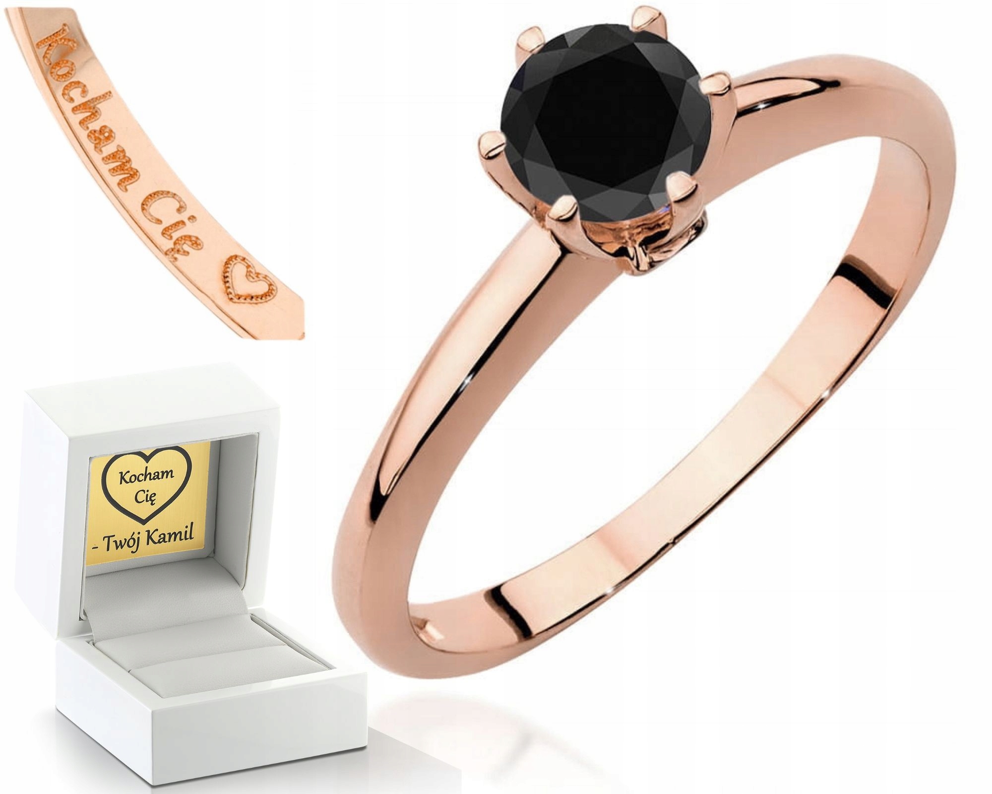 Prstýnek Černé Brilianty Růžové Zlato Gravírování 585 Bonus Dárek