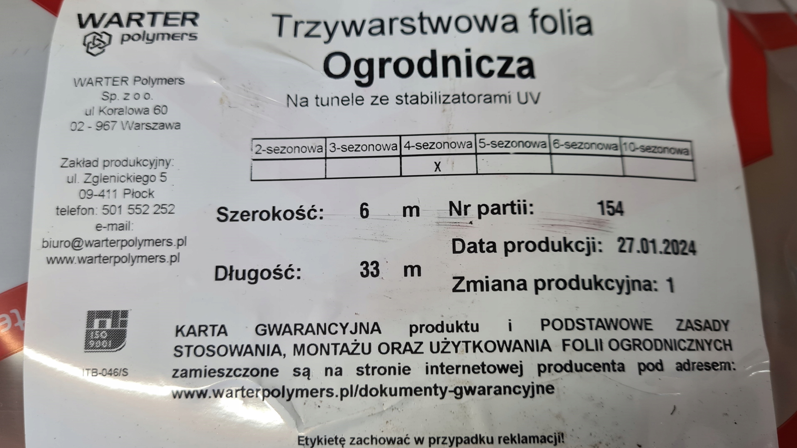 FOLIA TUNELOWA OGRODNICZA UV4 6m x 10m GRUBA PRODUKCJA 2024r. Producent inna