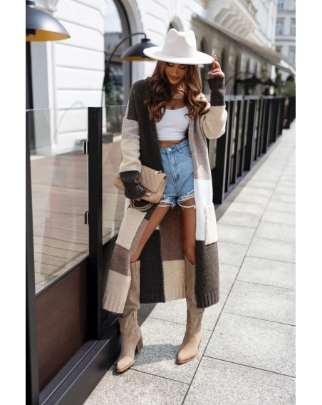 Dlouhý kardigan Svetr Royal Bronz Color Block Vlna Maxi Polský