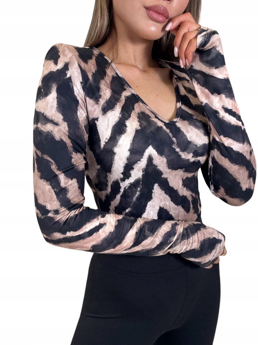 Dámské body s dlouhým rukávem Tygr Butter Print Millagro černo-béžové