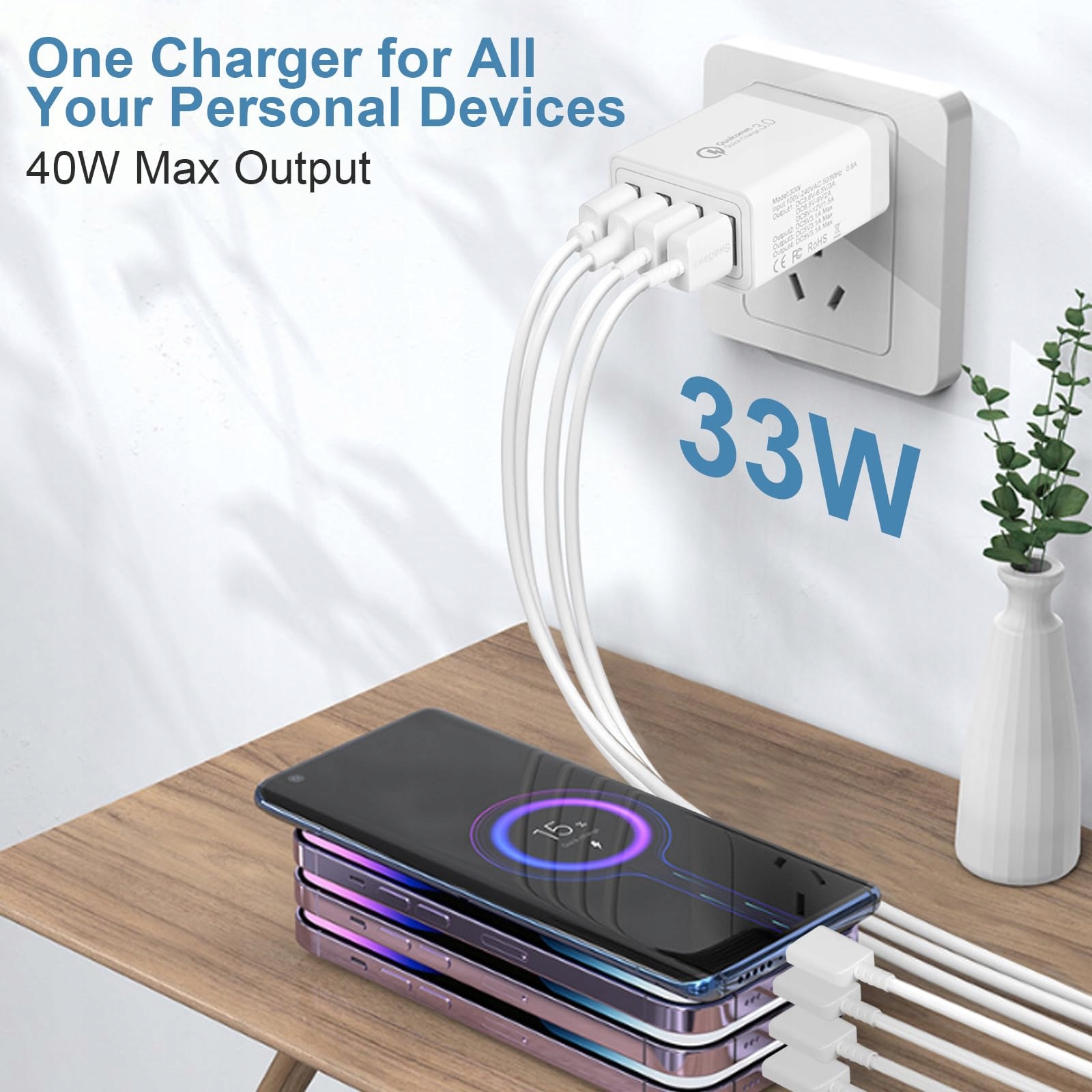 UNIVERSAL Ładowarka USB 33W 4-Porty QC 3.0 Samsung iPhone iPad — miniatura 2