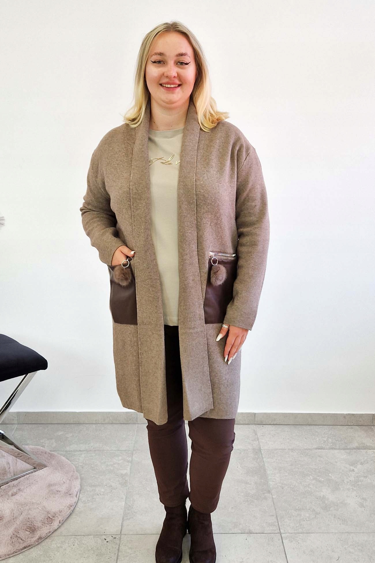 Dámský kardigan Přehoz s kapsami z eko-kůže Čokoládový Uni