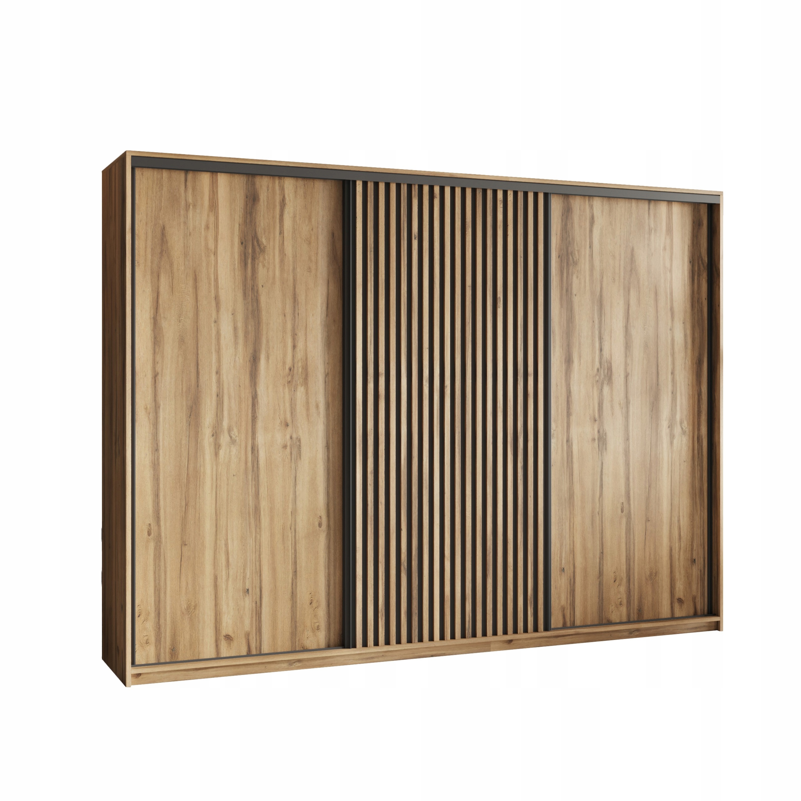 Skříň 270 cm s lamelami 4 zásuvky, třídveřová, dub wotan