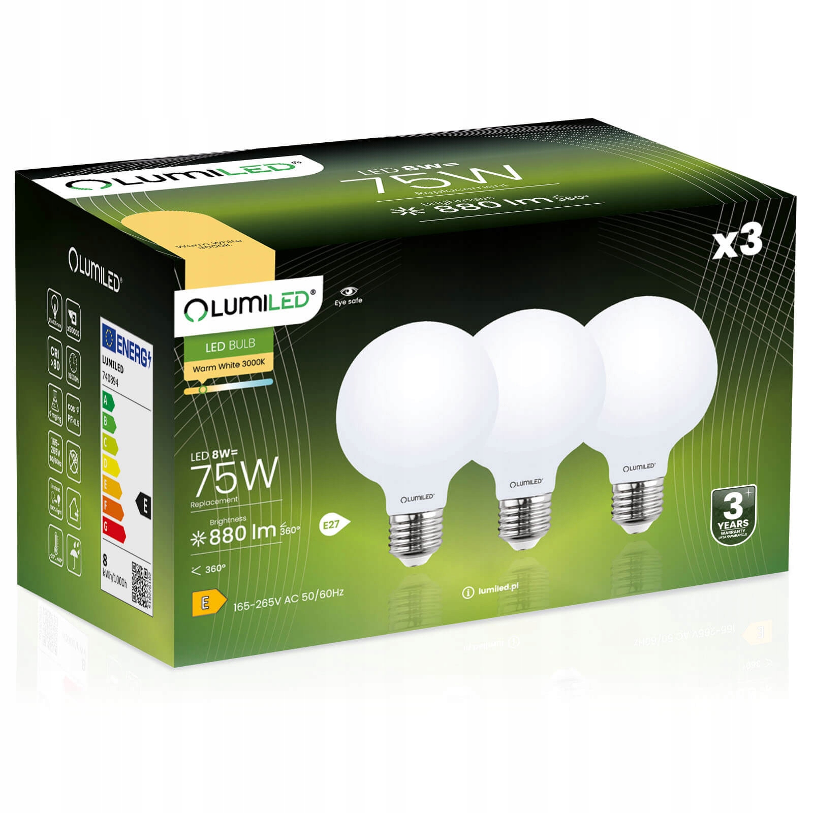 3x Żarówka LED E27 G95 8W Globe Mleczny LUMILED