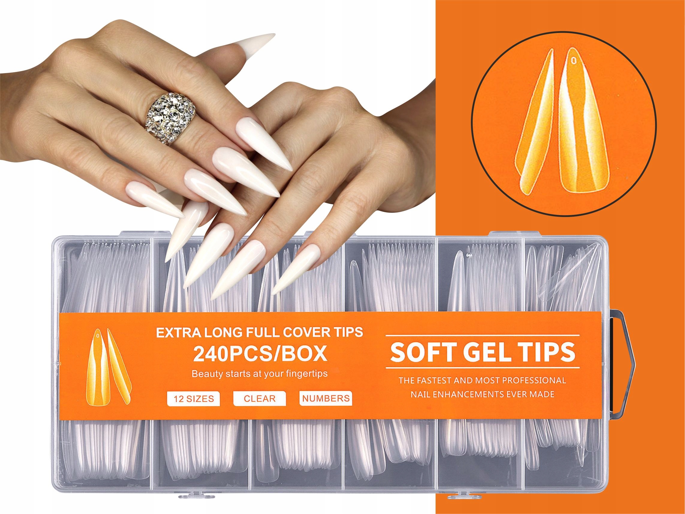 Soft Gel Tips Clear gelové tipsy průhledné dlouhé 240 ks Szpic