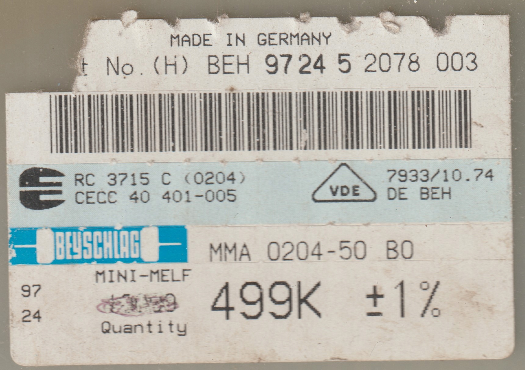 [100szt] 499K 1% 50ppm rezystor Smd minimelf MMA0204 Beyschlag low noise