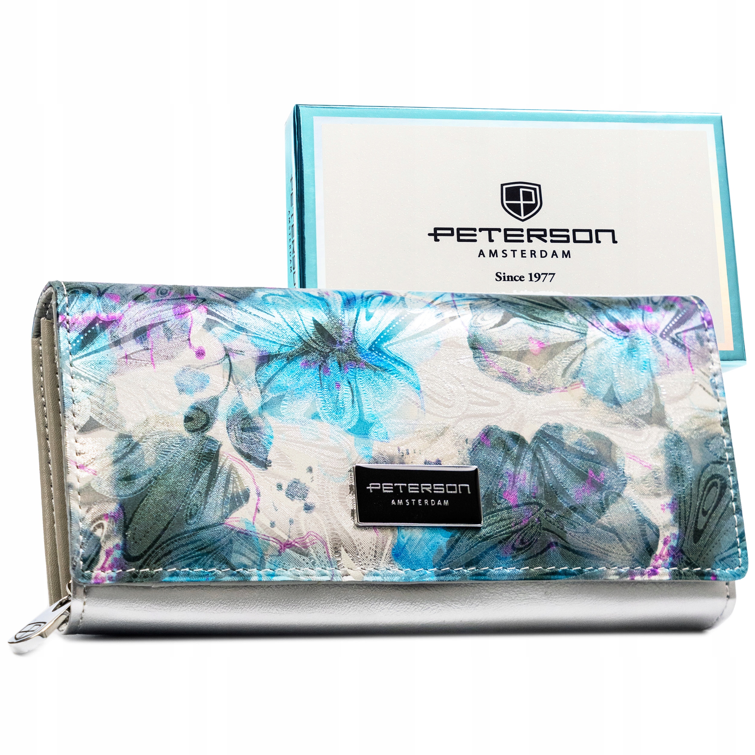 Portfel damski skórzany Peterson duży skóra naturalna w kwiaty Rfid pojemny