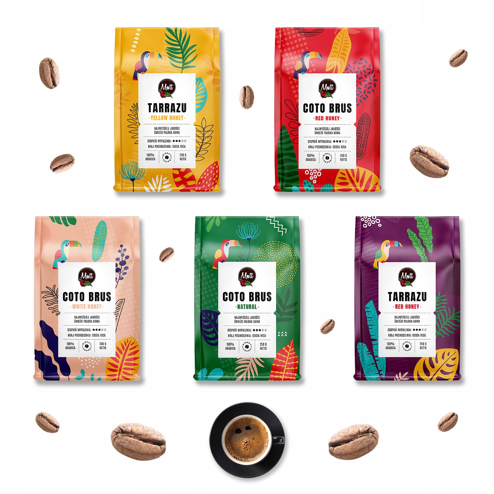 Sada zrnkových káv 5x250g Čerstvě pražená 100% Arabica Kostarika Specialty