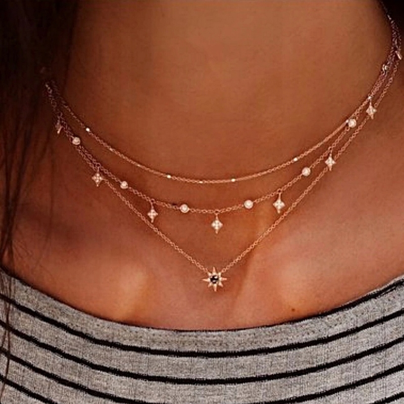 

Naszyjnik 3w1 cyrkonie gwiazdka złoty boho D64