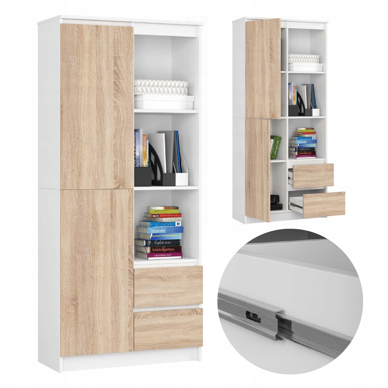 Regał stojący R11 80 cm biurowy 1 drzwi 2 szuflady 7 półek Biały Dąb Sonoma