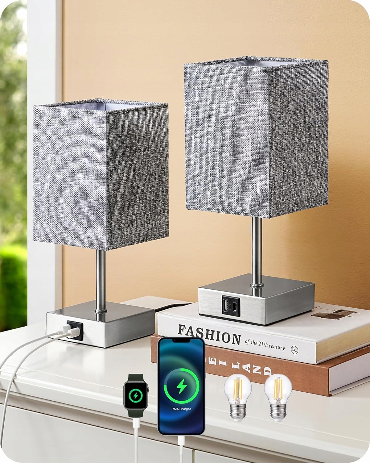 Nočná Lampa Led Dotyková Stmievateľná 2 Ks Usb Šedá Tienidlo E27