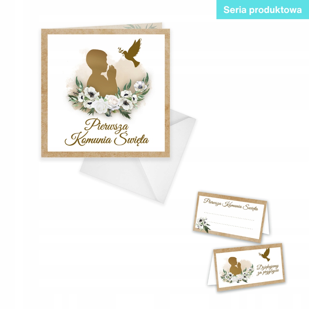 Zaproszenia na Komunię Chłopczyk z Gołąbkiem Brązowa Eko Koperta ZKK_07 Szerokość produktu 14 cm