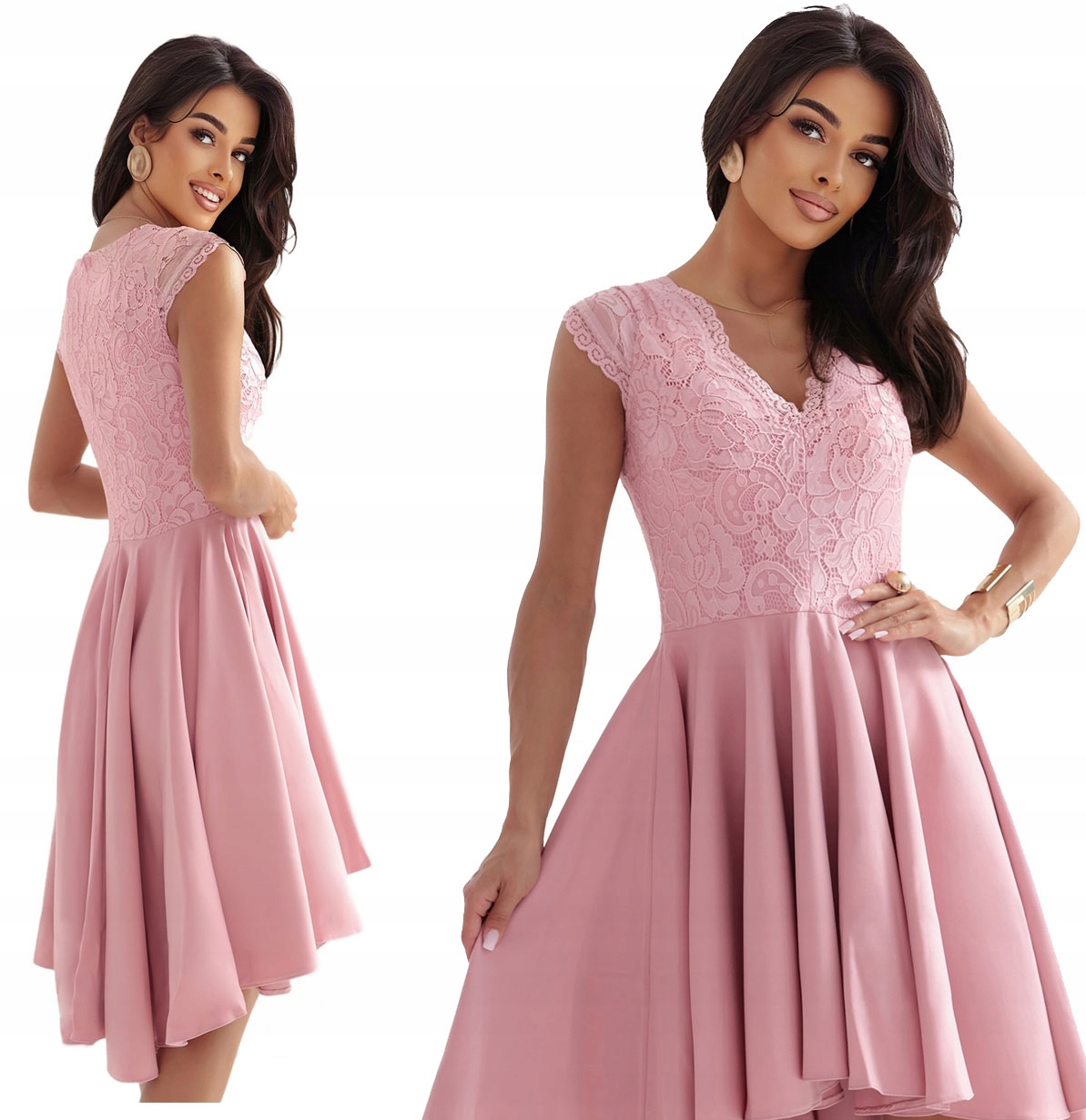 Krásné Šaty S Krajkovým Výstřihem A Delší Zadní Částí Starorůžová 2XL