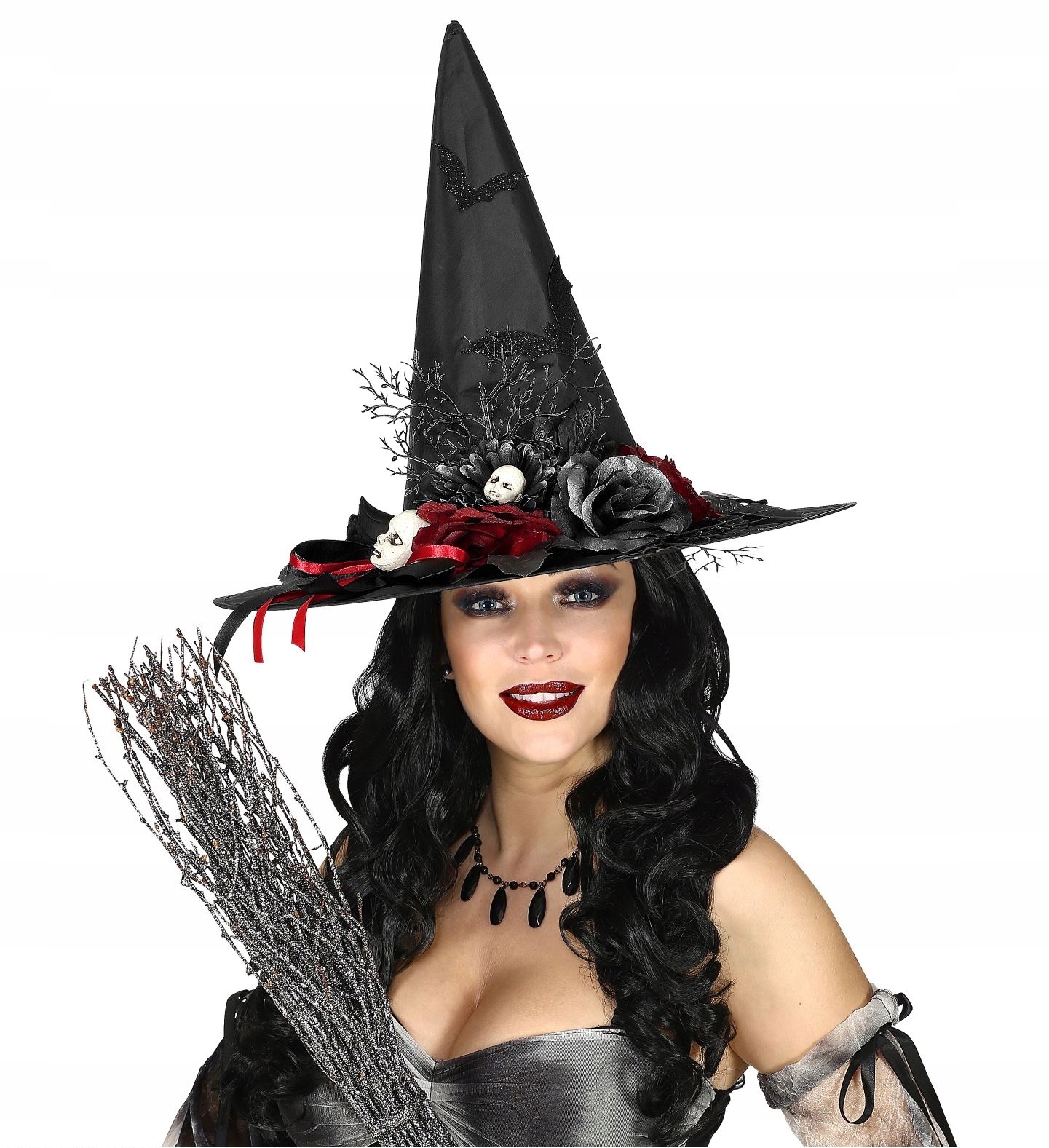 Klobouk čarodějnice, květy lebky, kostým na Halloween