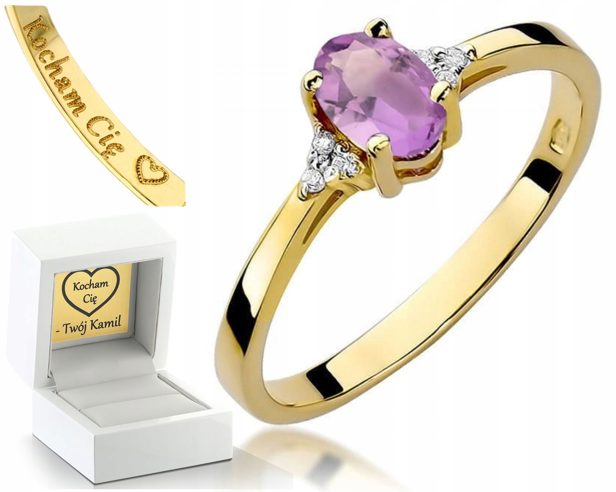 Zásnubní Prstýnek Ametyst Diamanty Žluté Zlato Gravírování 585 Bonus