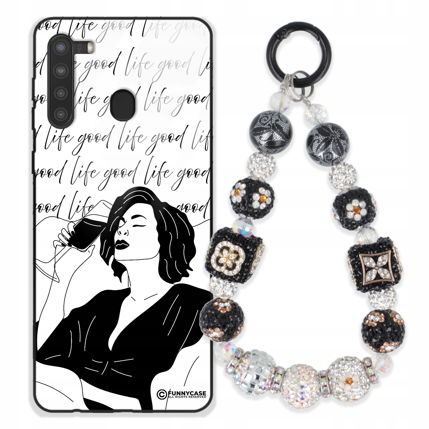 Dámský skleněný Pouzdro pro Samsung A21, černobílý Přívěsek Na Klíče Zirkony modrá