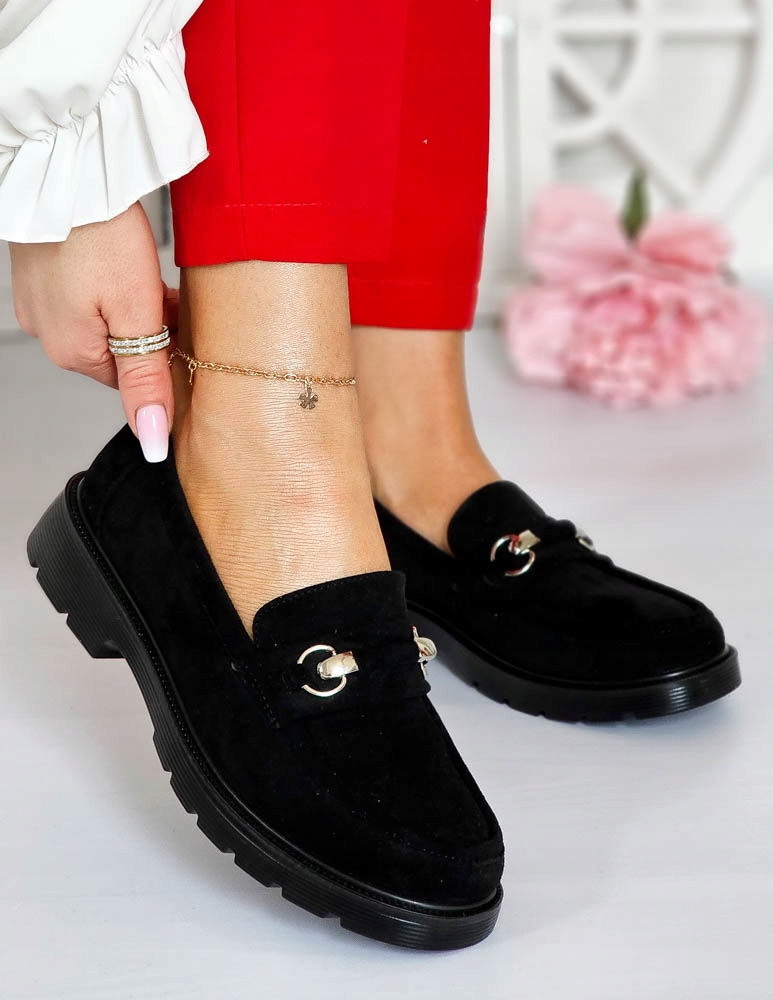 Czarne Zamszowe Mokasyny Na Grubej Podeszwie Basic 38 Wzór dominujący bez wzoru