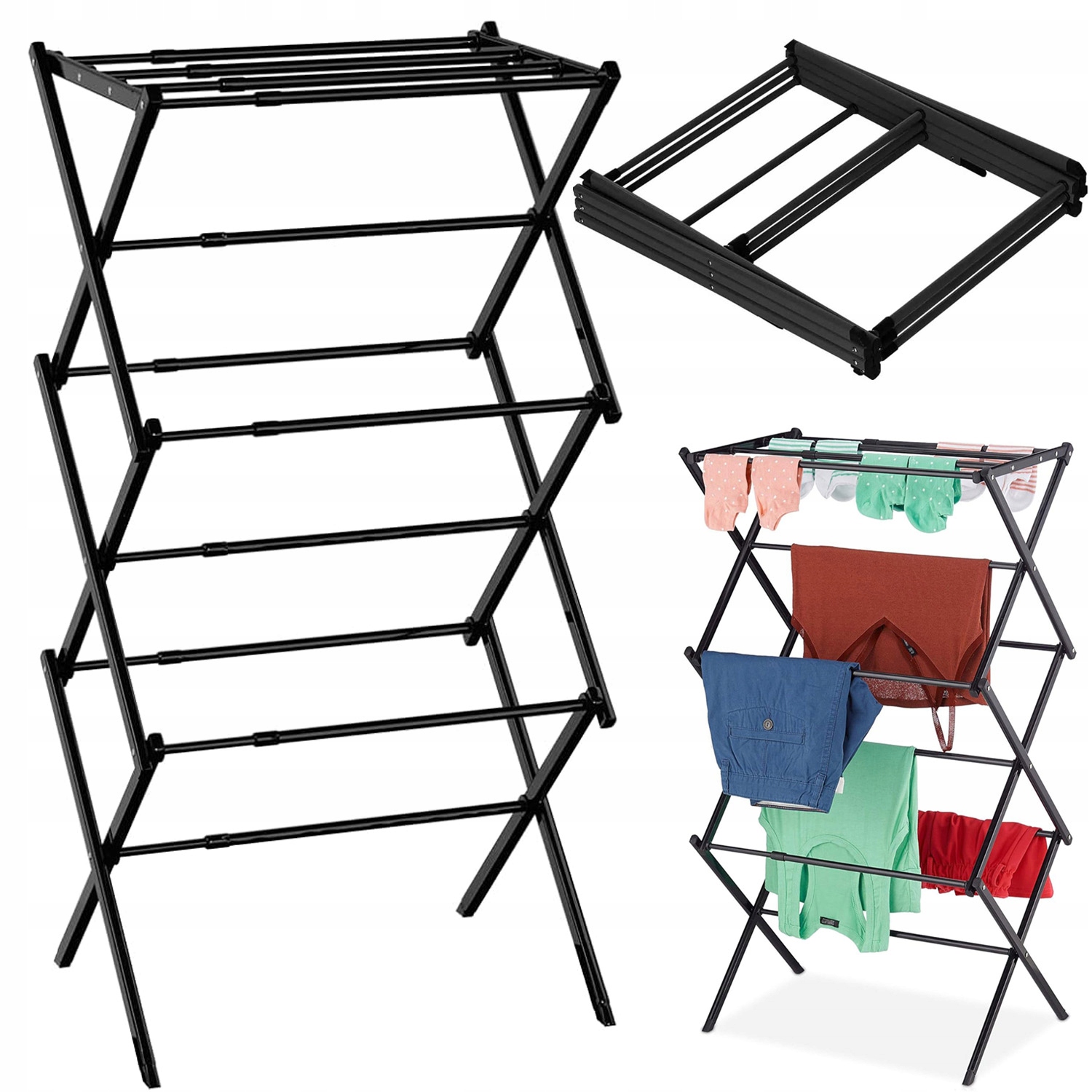 Levně Sušák Na Prádlo Vertikální Balkonová Zahradní Skládací Černá Rozkládací