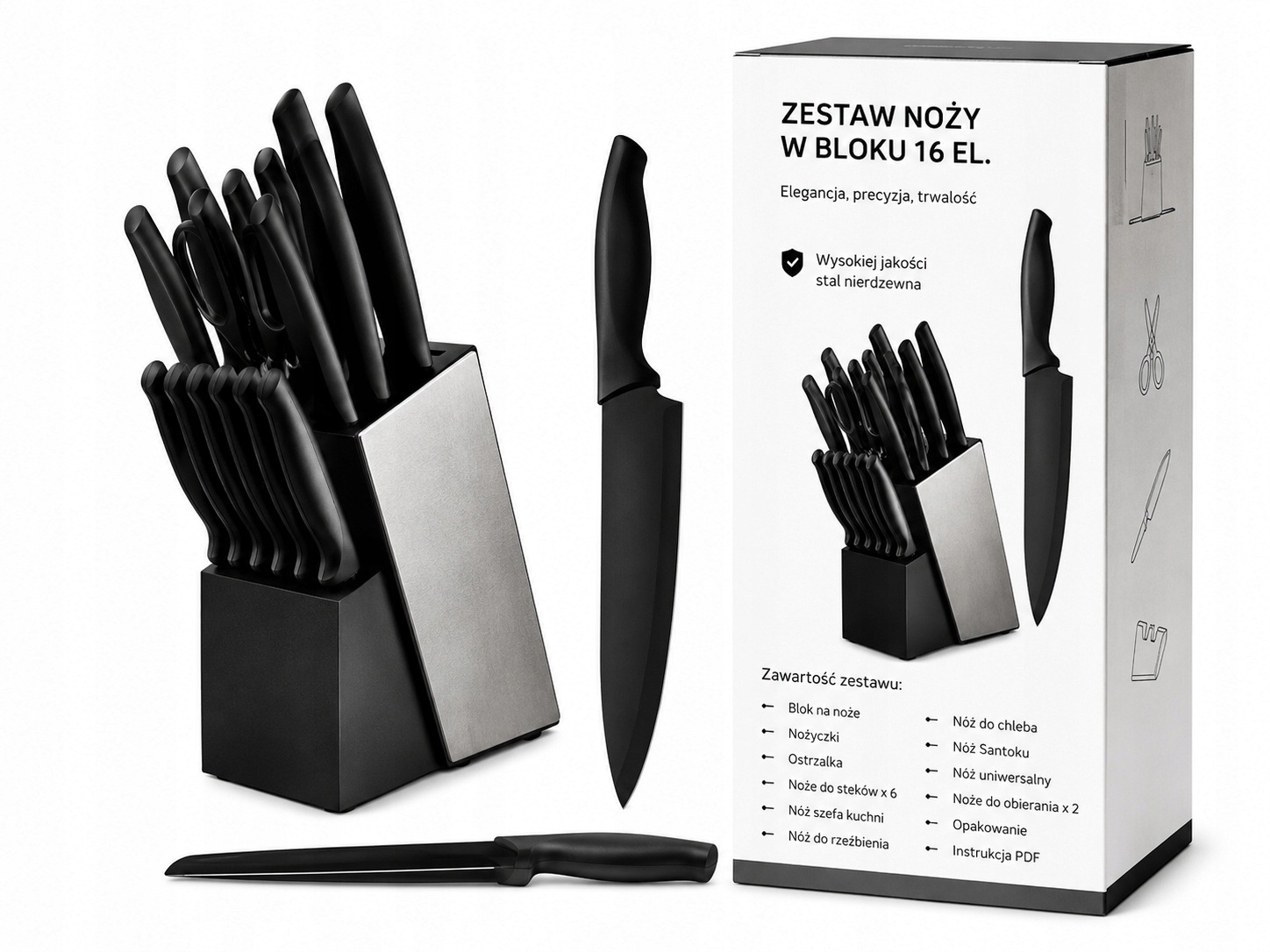 Sada kuchyňských nožů, sada 16 nožů v bloku, ostré, pevné, černé
