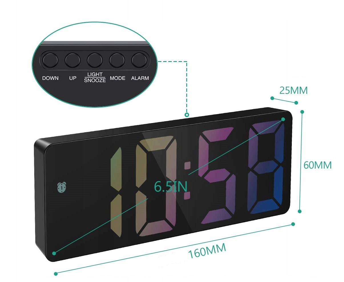 ZEGAR ELEKTRONICZNY LED BUDZIK ZEGAREK Z ALARMEM KOLOR B Szerokość całkowita 16 cm