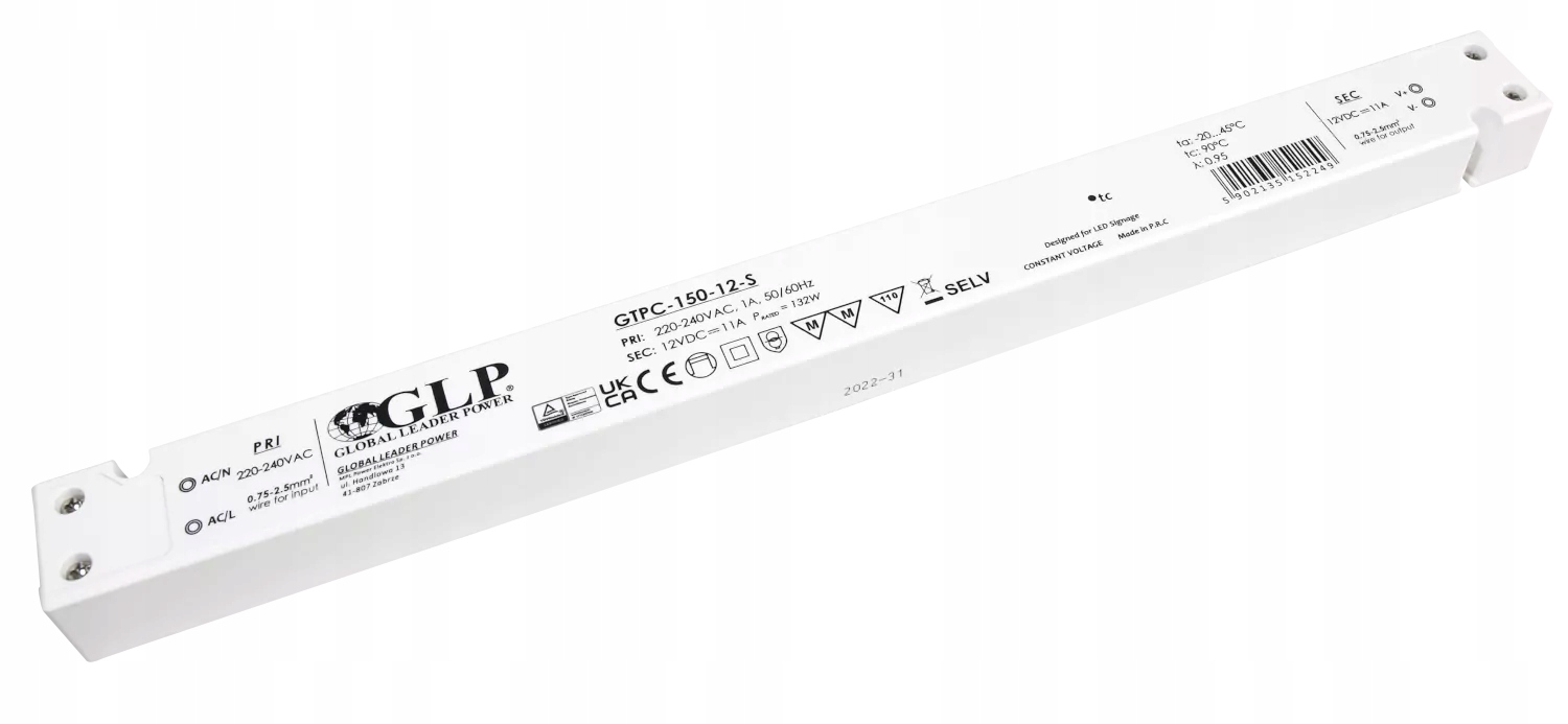 Led zdroj Glp 12V 132W pro Led diody GTPC-150-12-S – tenký, s korekcí účiníku, 11A