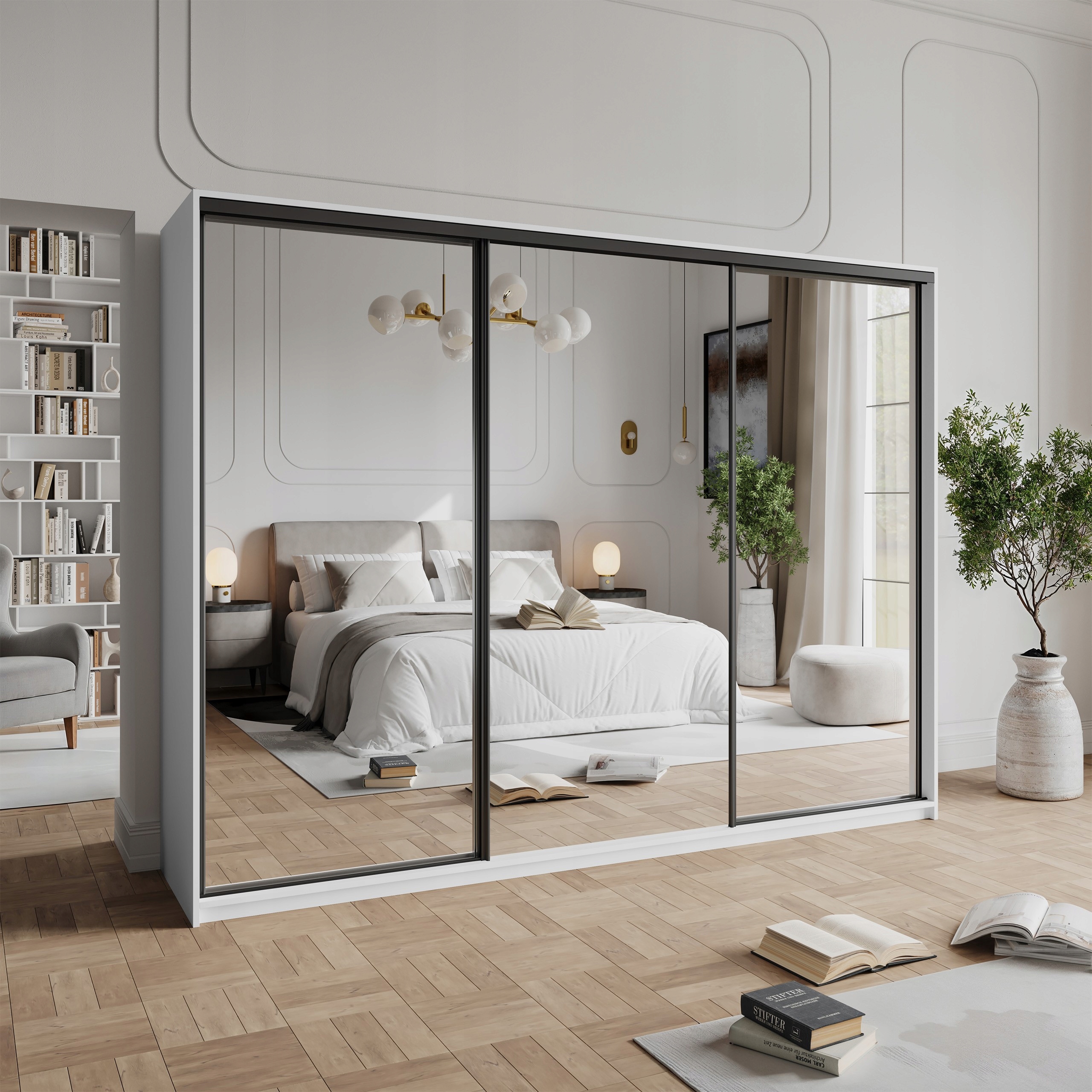 Skříň Posuvná Rien 250 cm Zrcadlo Zásuvky Třídveřová Bílá Černá