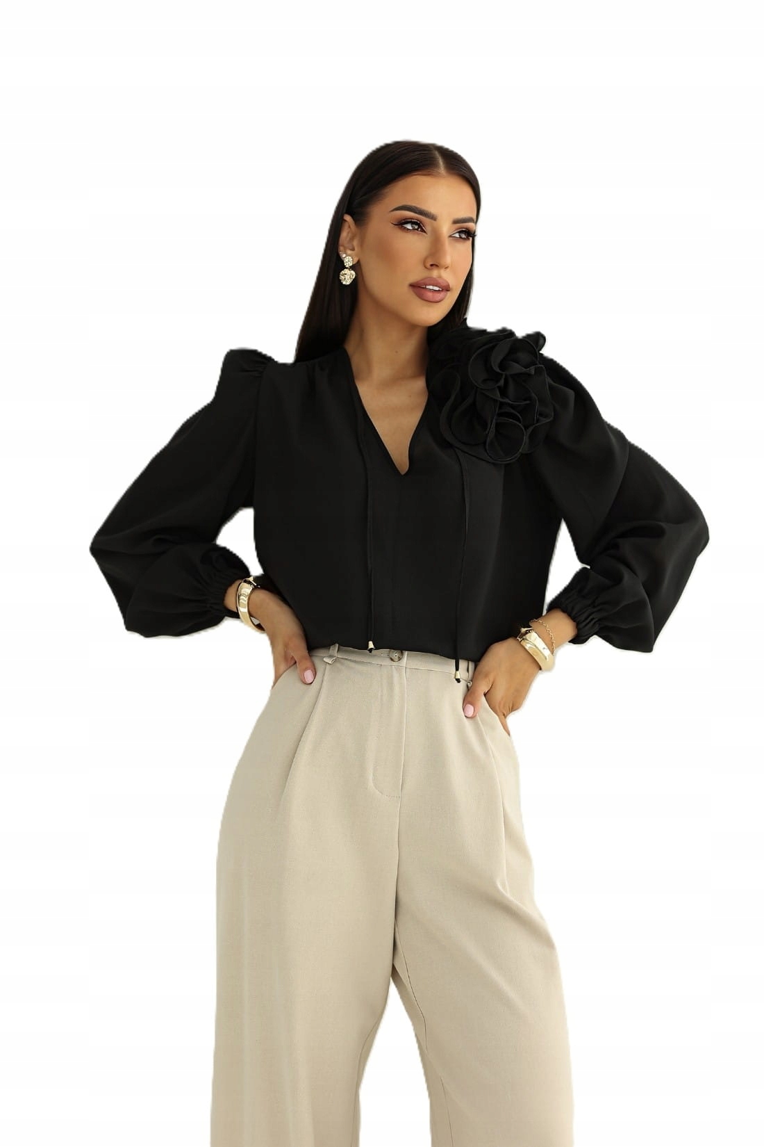 Stylowa bluzka damska Rose czarna kwiat 3d dekolt V polski producent