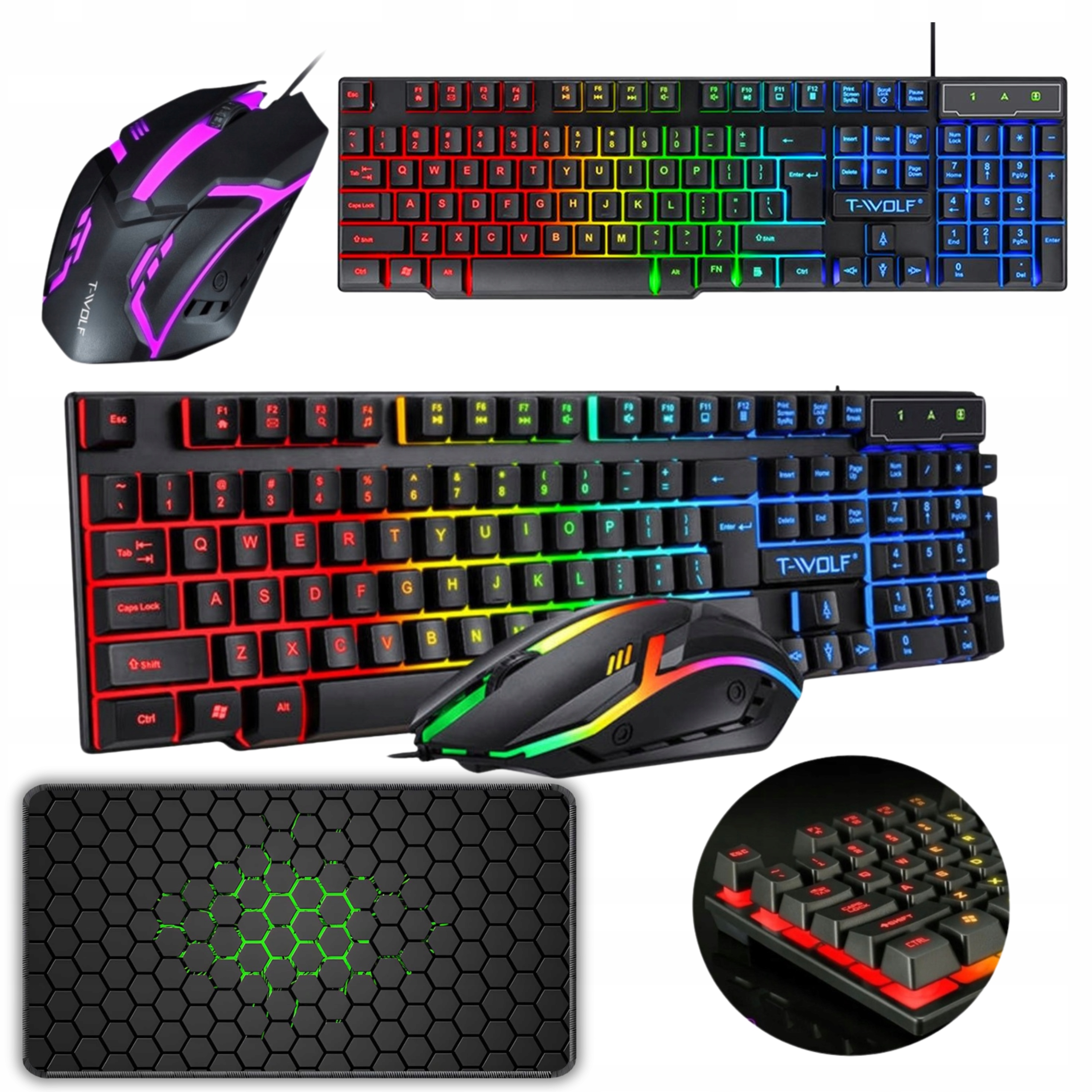 Klawiatura mechaniczna T-WOLF TF200 PL USB czarna z myszką i matą gamingową