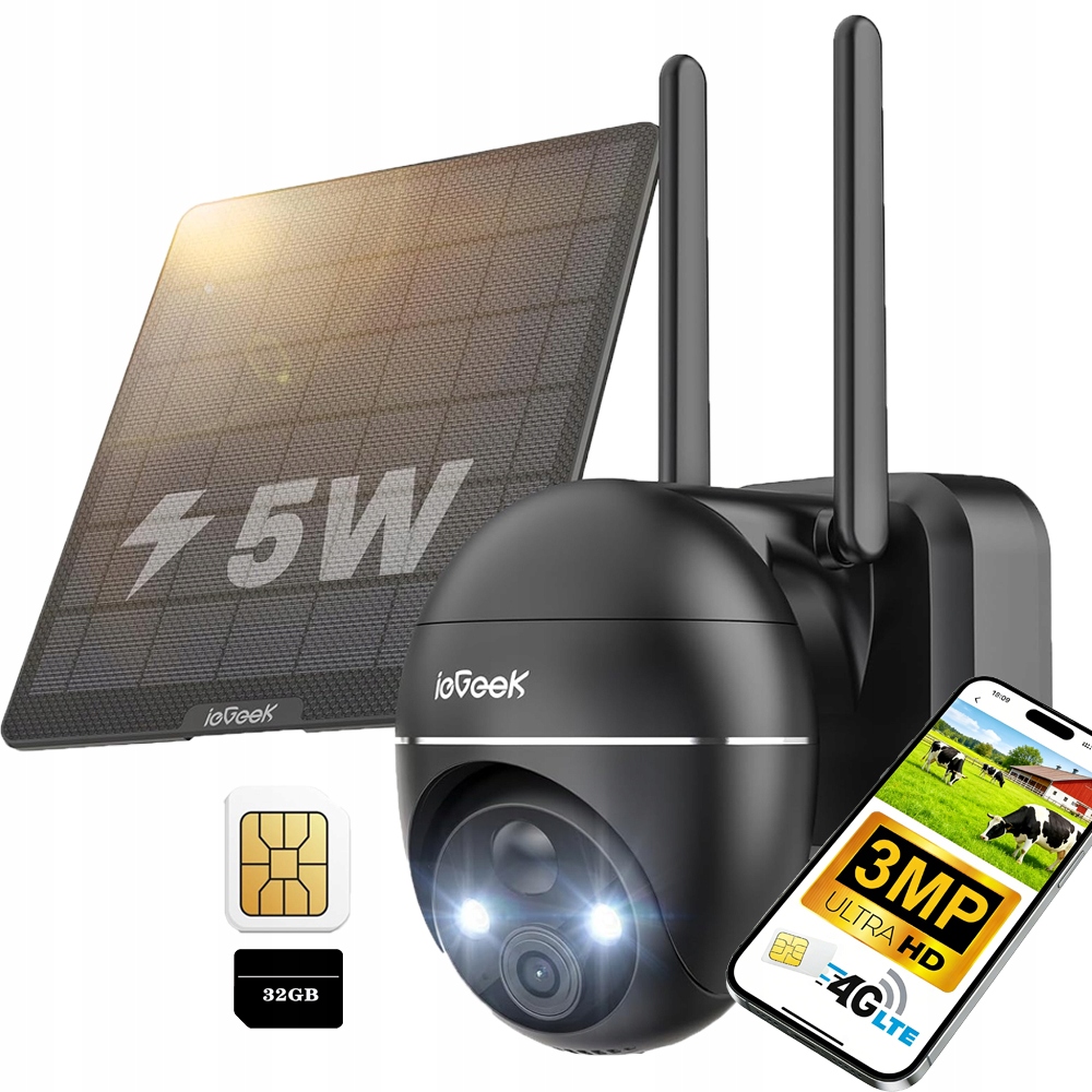 Venkovní solární kamera 2K se dvěma objektivy 3MP Sim karta 4G Lte s 32GB kartou