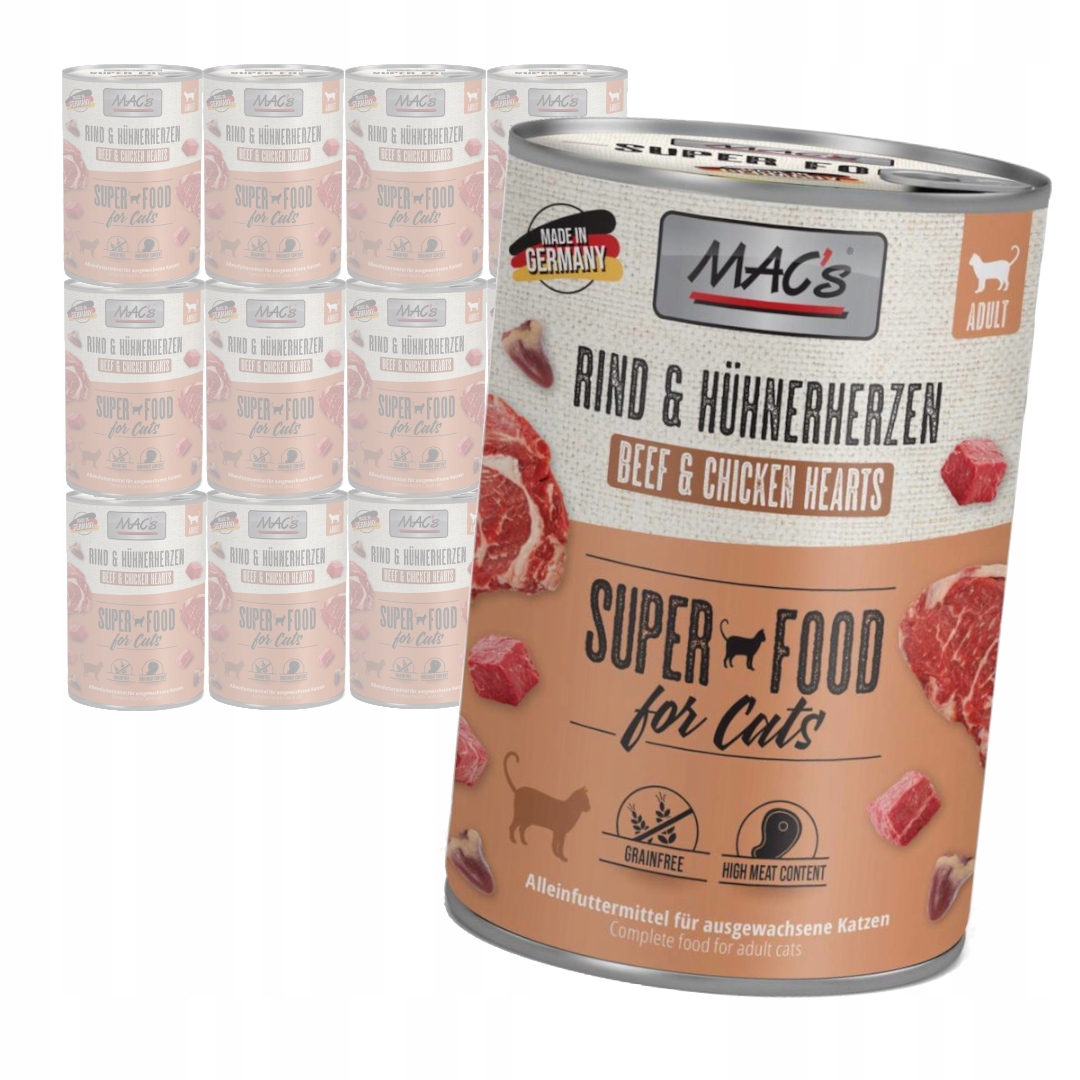 Levně MAC's Cat 12x400g Mokré Krmivo Pro Kočky Hovězí srdce Drůbeží