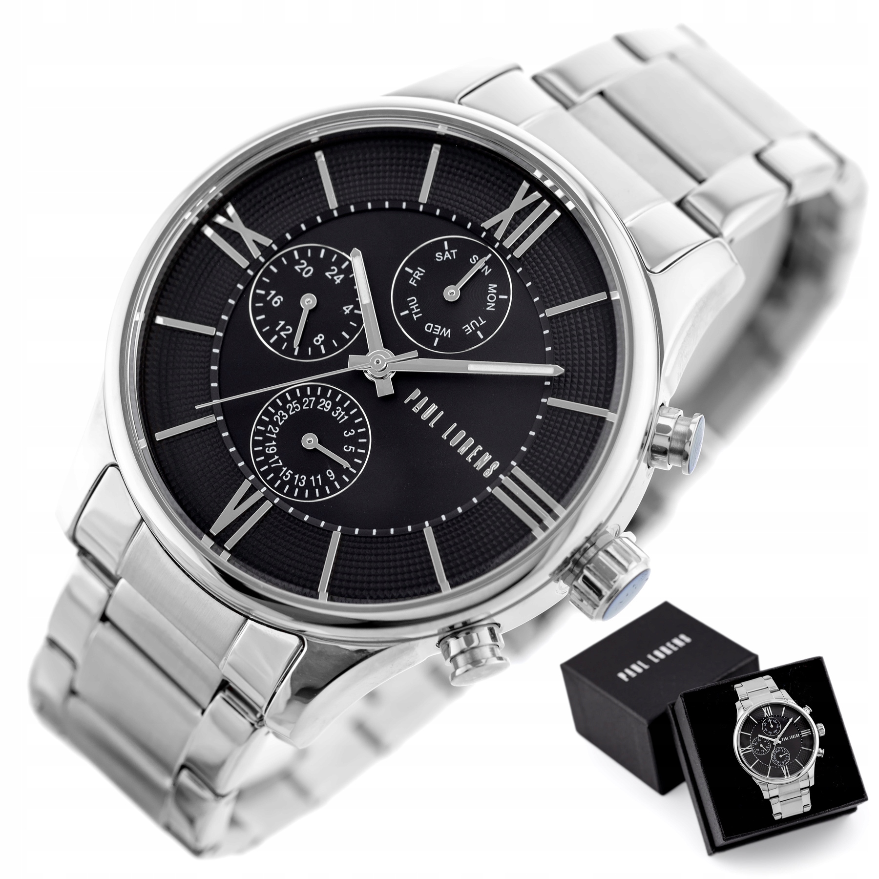 Pánské Hodinky Paul Lorens Britan chronograf datumovka ocelová Box Gravírování