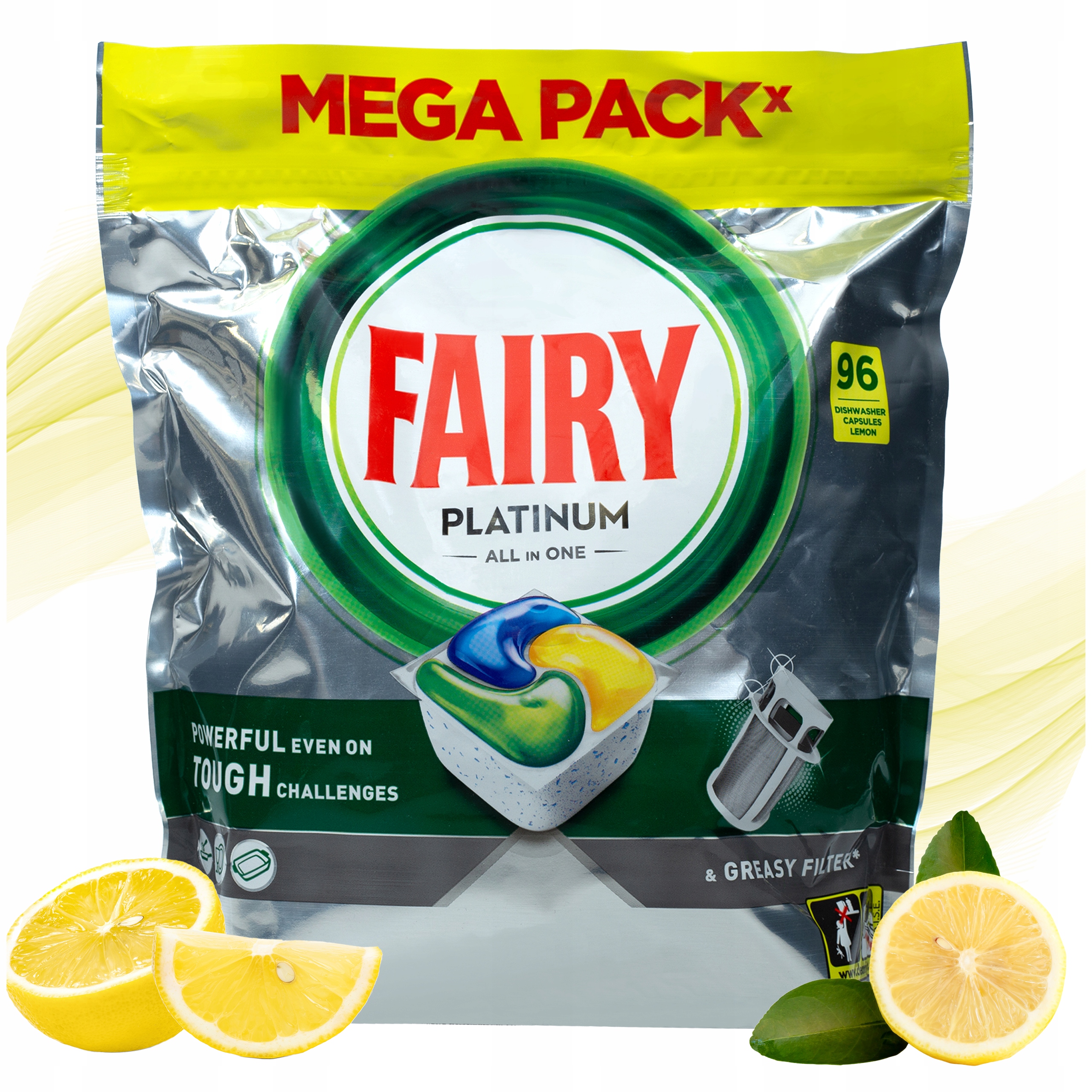Levně Kapsle do myčky nádobí Fairy Platinum All In One citronové lemon 96 kusů