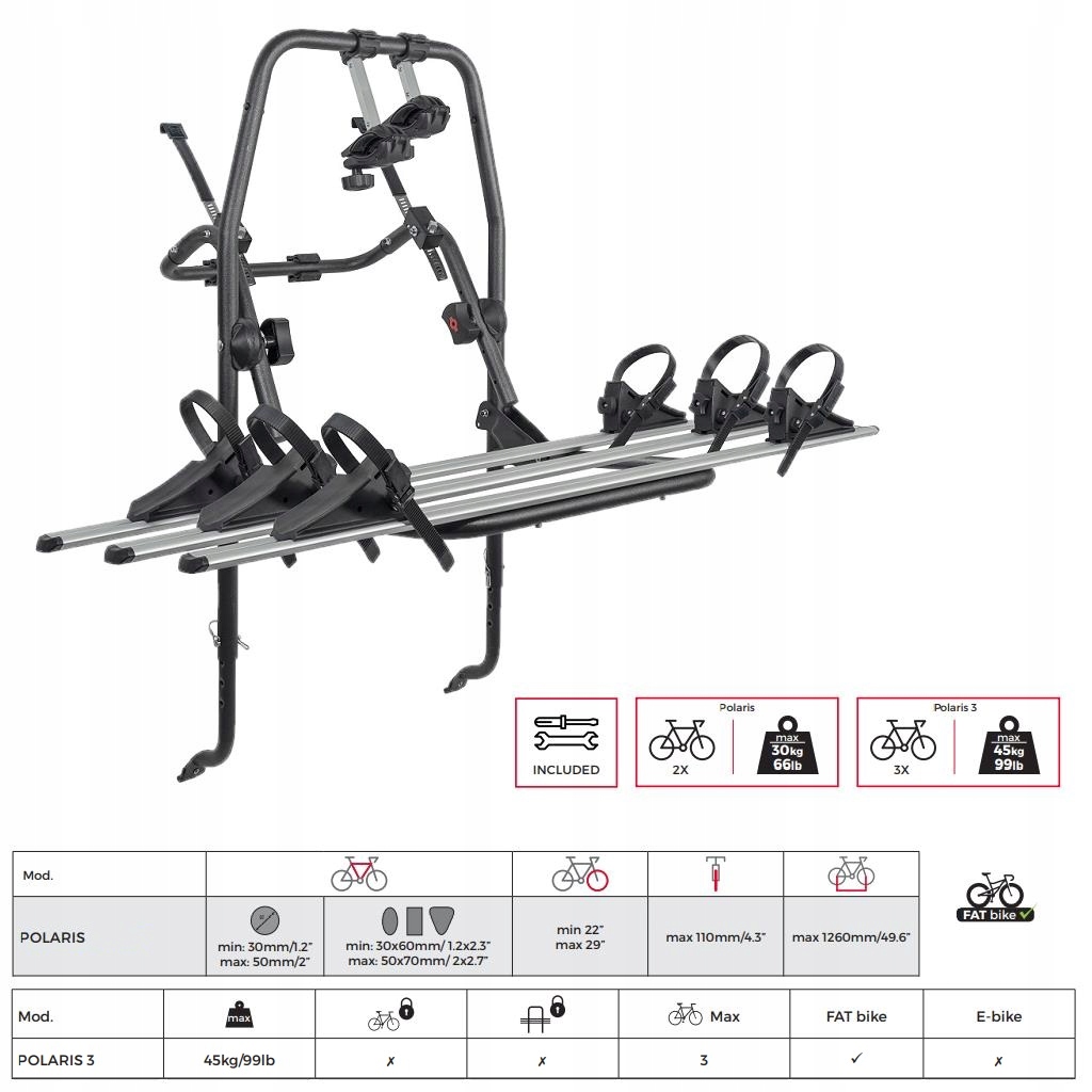 UCHWYT ROWEROWY BAGAZNIK NA KLAPE 3 ROWERY POLARIS Product Height 105 cm