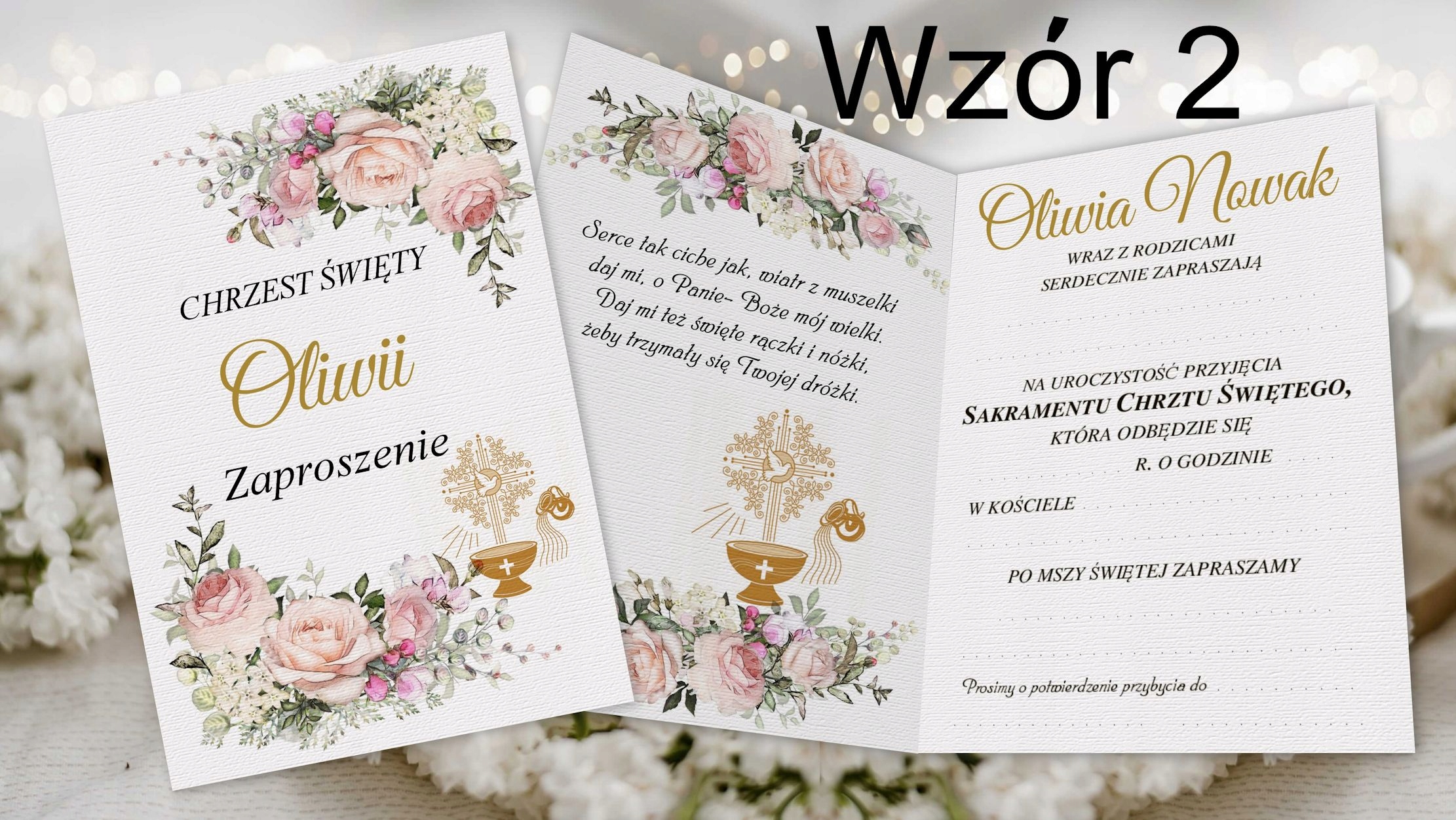 Zaproszenia na Chrzest święty + imię + koperta Kolor biały