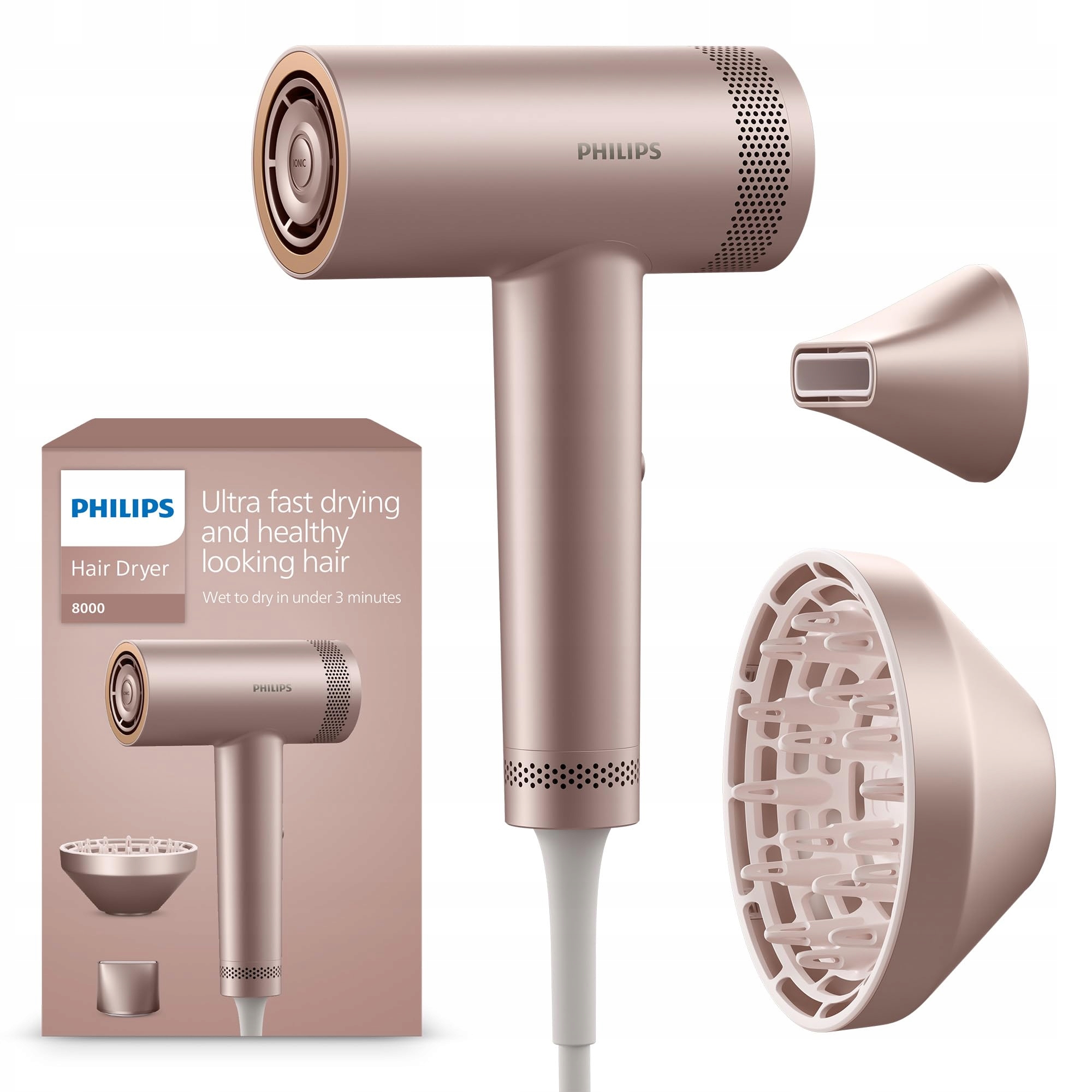Philips Vysoušeč vlasů 8000, 1400 W, růžové šampaňské, bezkartáčový motor