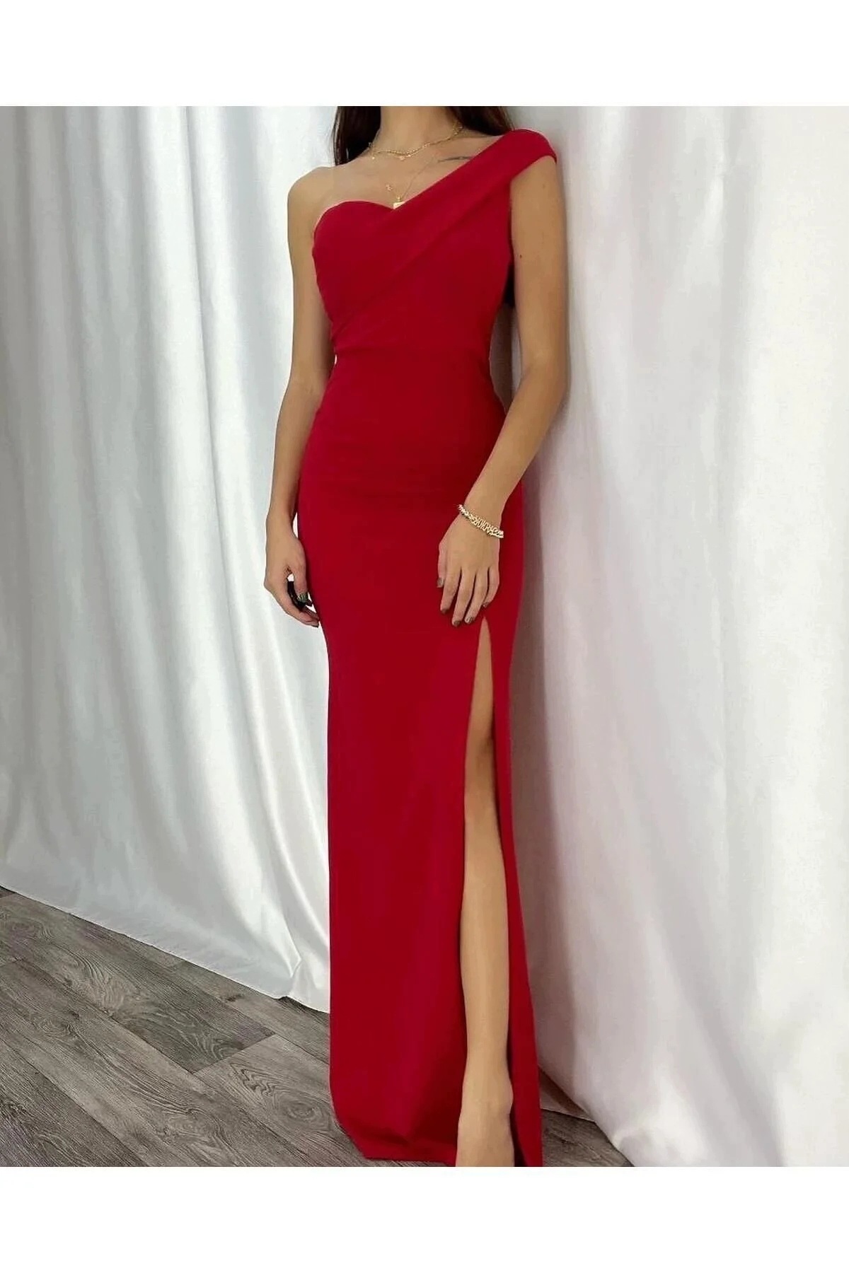 Elegantní Červená Šaty Maxi Asymetrický Výstřih, Rozstřih L 5IA*