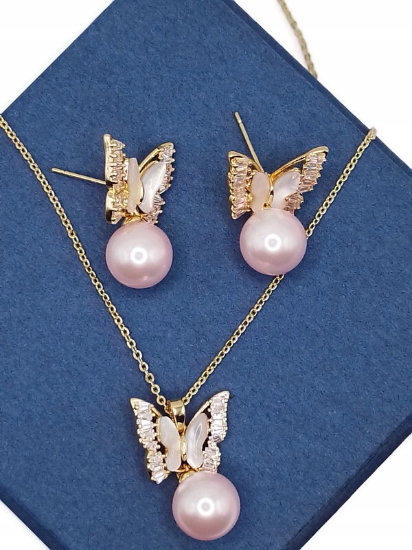 Luxusní Sada Náušnice S Motýly A Přívěsek 14K Zlata Gp Dárek Krabička