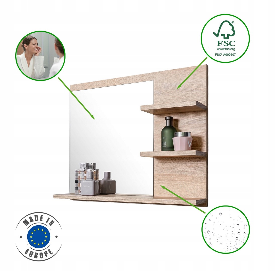 Lustro z 3 pólkami P,dąb sonoma, lampaLED,do łazie Informacje dodatkowe oświetlenie półka