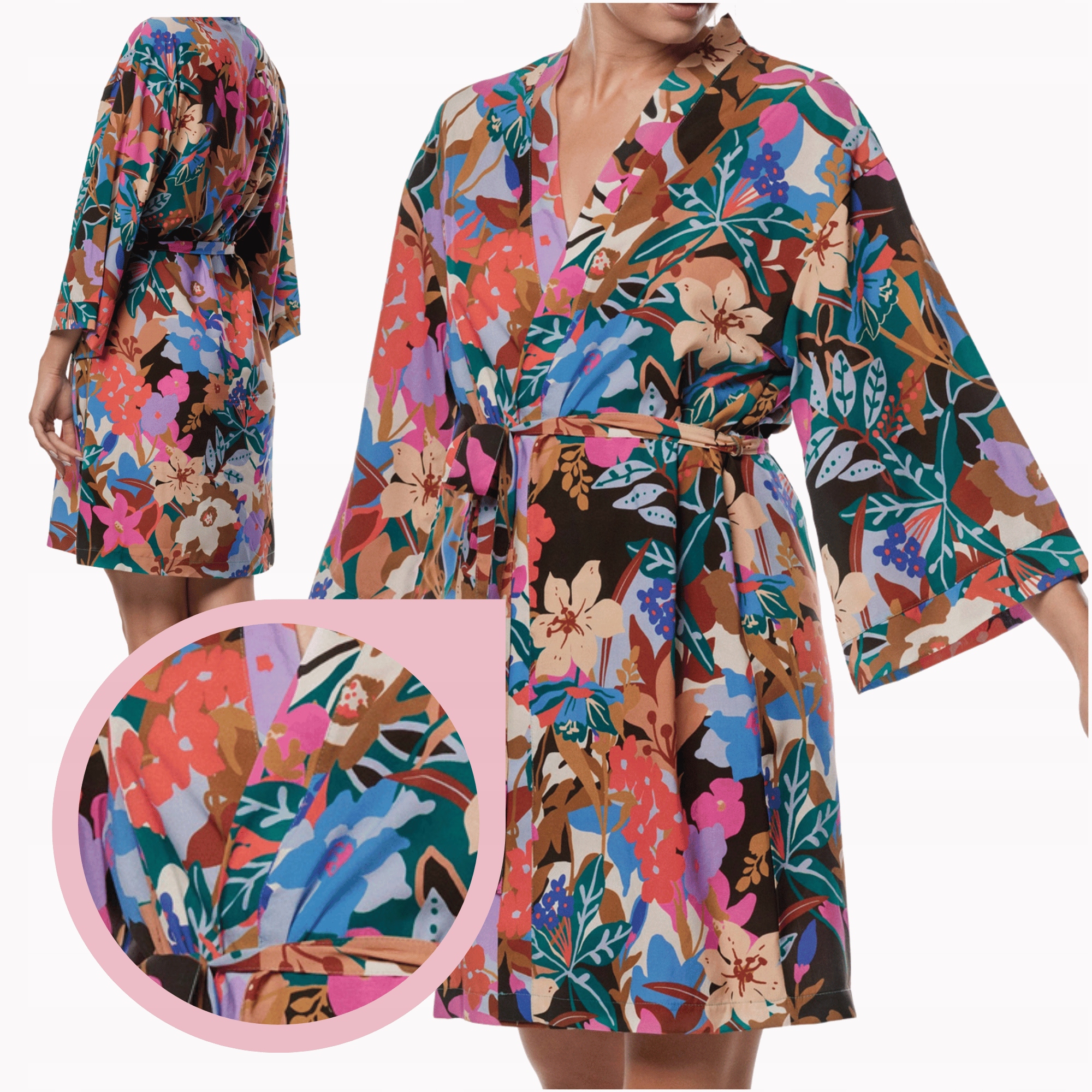 Župan Mefemi/nipplex Karen barevné květy kimono prodyšná viskóza XXL