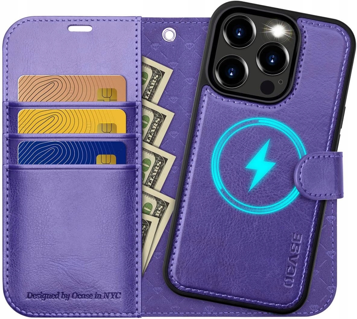 Ocase etui skórzane do iPhone 15 Pro Max magsafe stojak fioletowe Rfid 2w1
