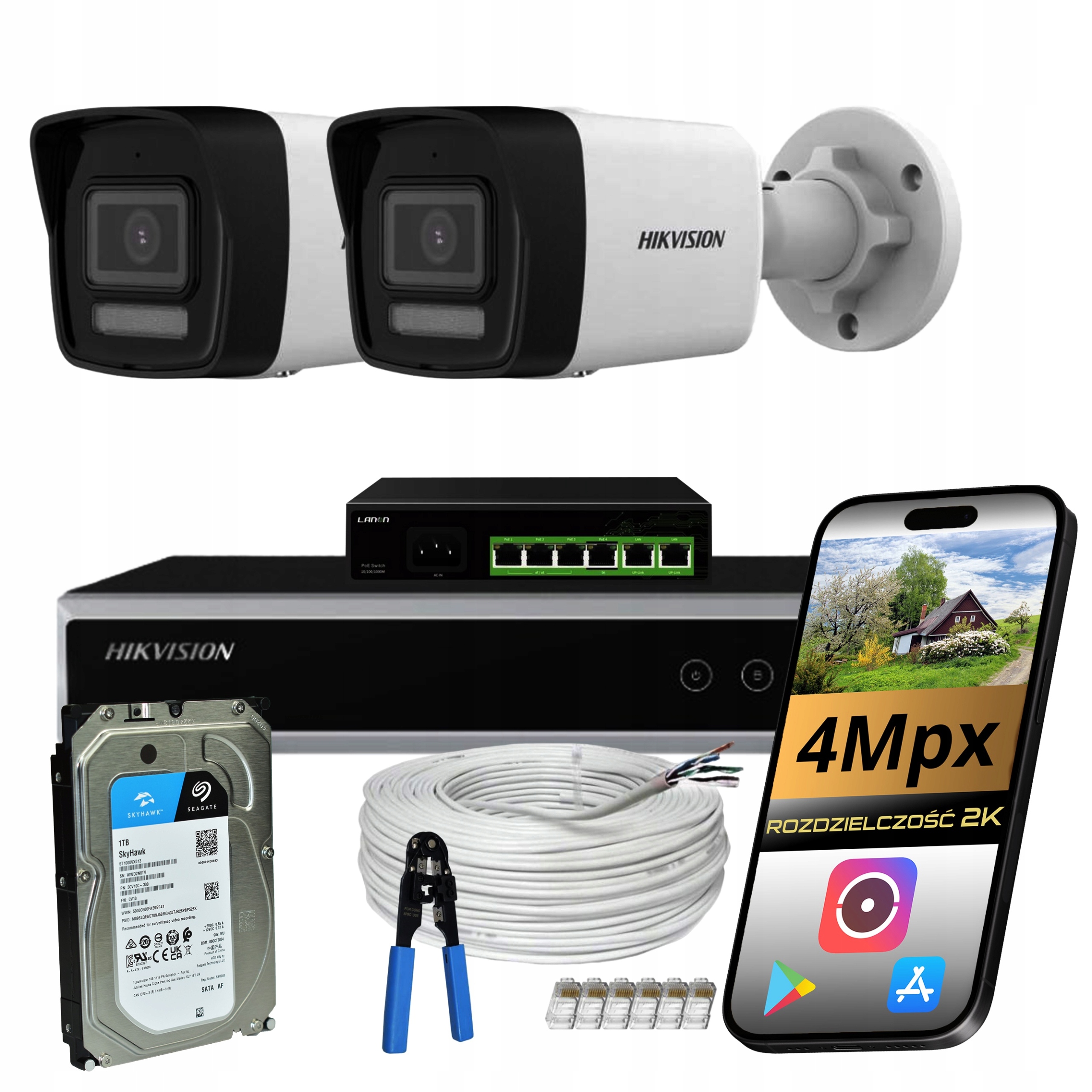 Zestaw Kamer 2SZT Do Monitoringu Tuba 4Mpx Ip Poe Dual Ir Led Hikvision 1TB