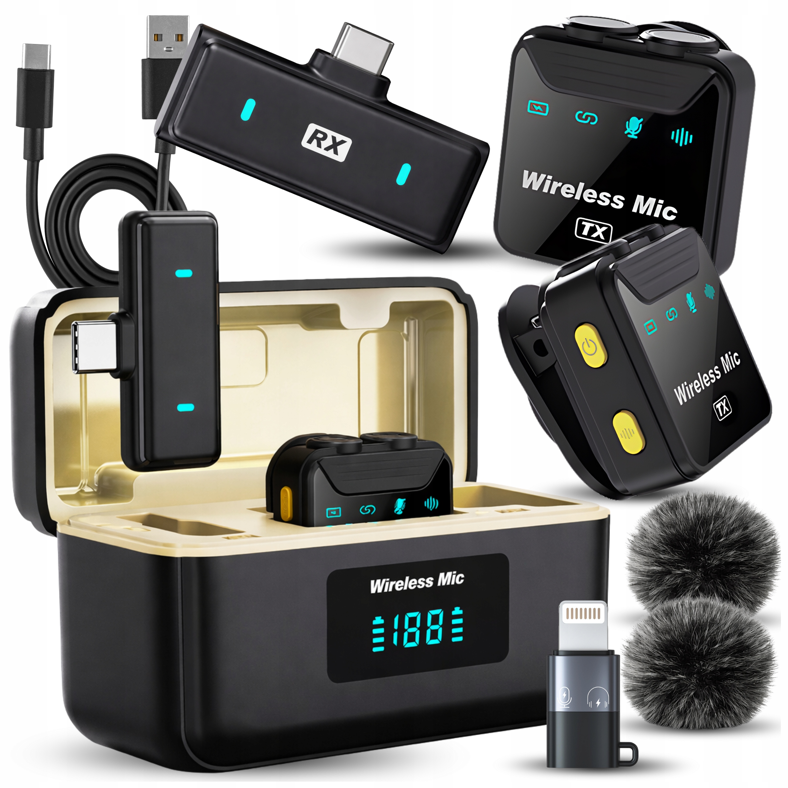 2 Mikrofony Bezprzewodowe/krawatowe z Etui Ładującym – Usb-c & iPhone