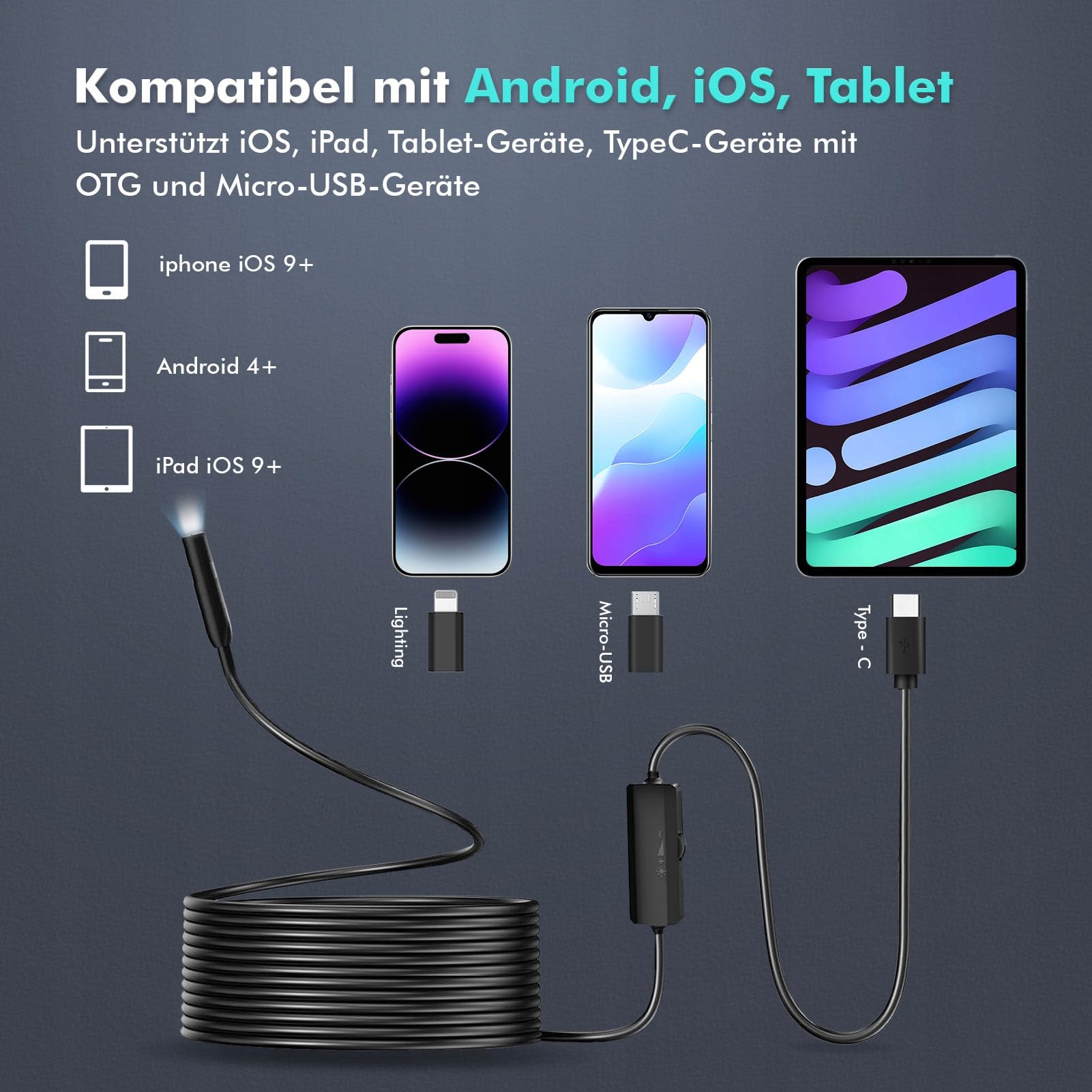 LOVCOYO Kamera Inspekcyjna Endoskop Typ-C 8 LED Android iOS 5m — miniatura 4