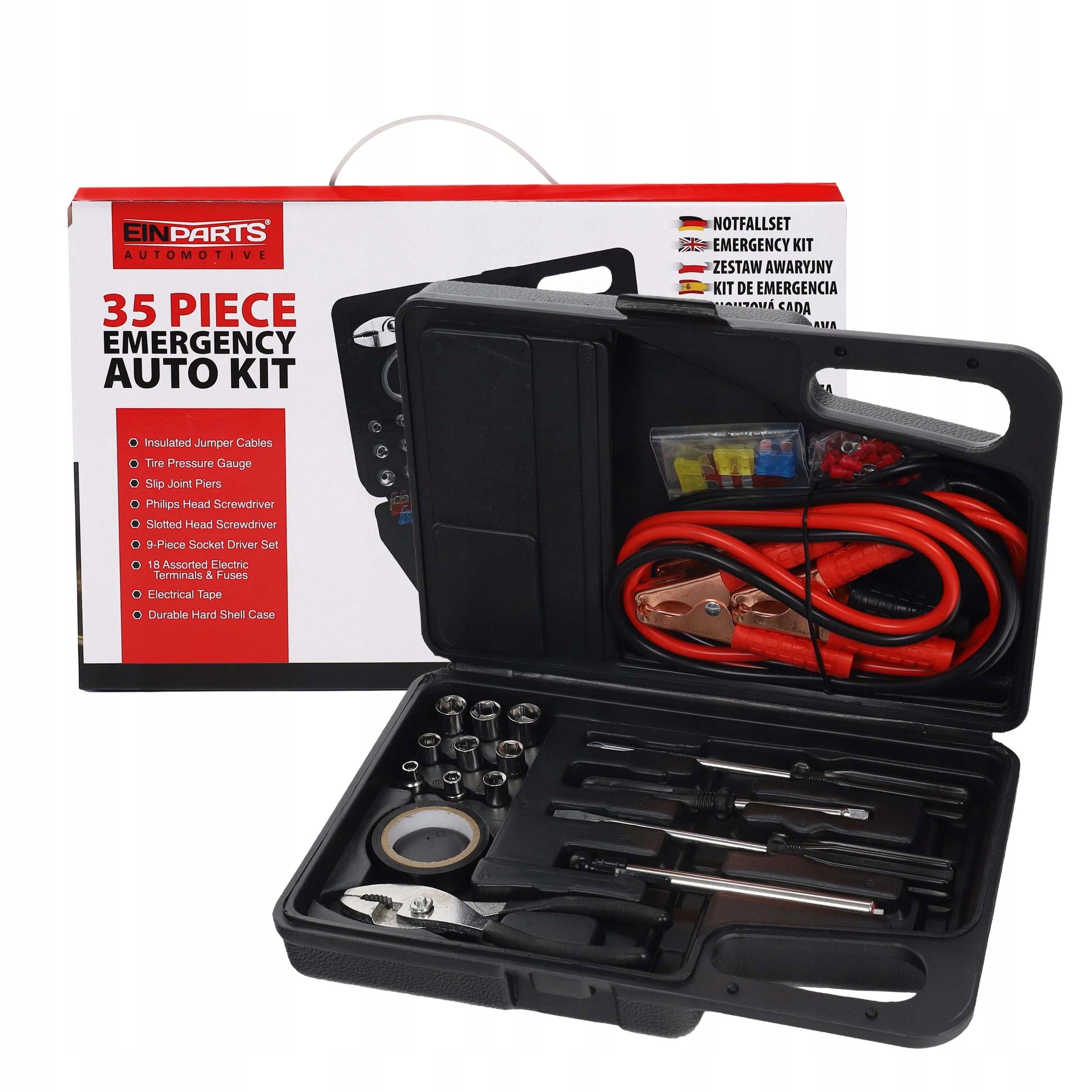 Zestaw Awaryjny Samochodowy Kable Rozruchowe Śrubokręt Bezpieczniki Walizka