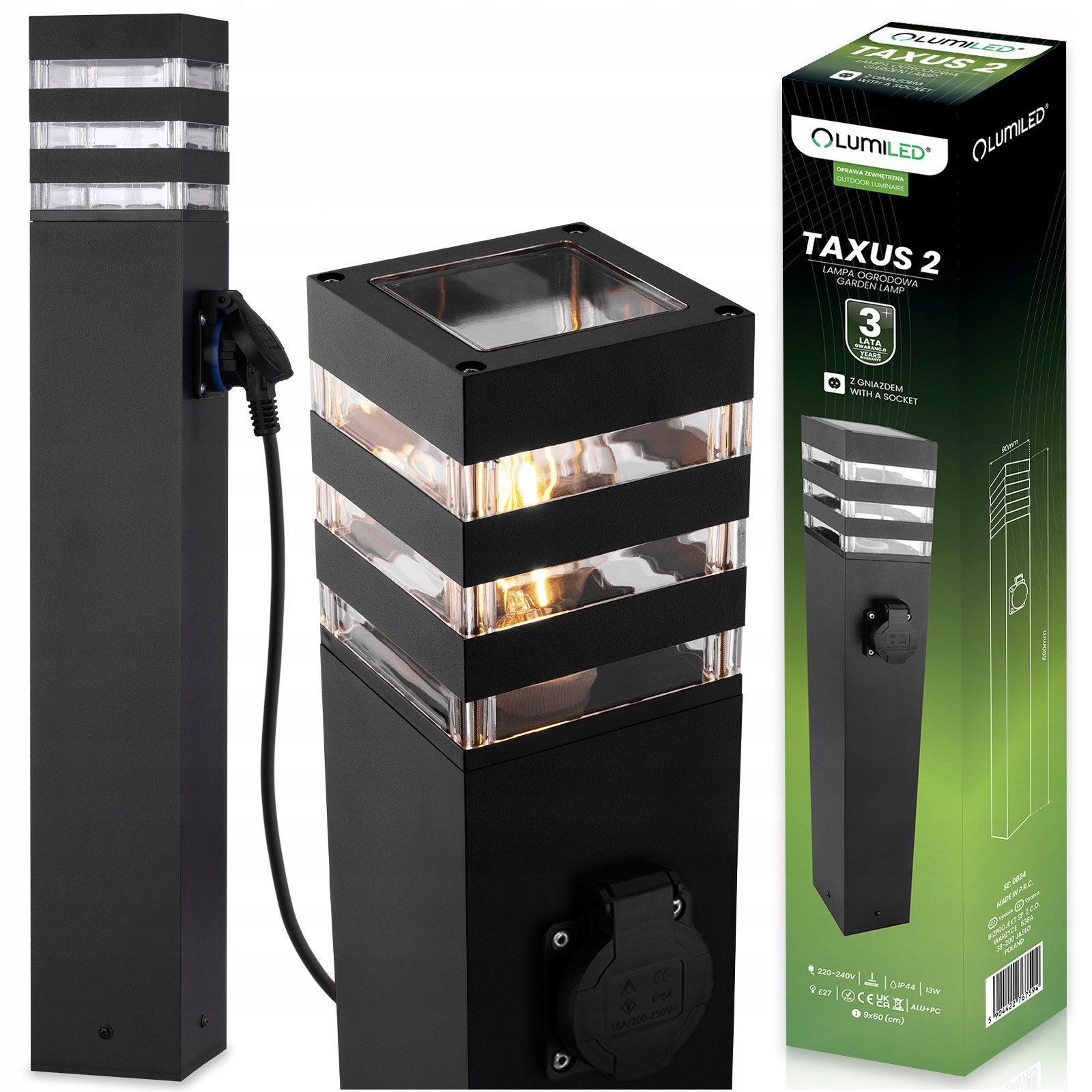 Zahradní lampa Stojící sloupek E27 Led s zásuvkou 230V Černá