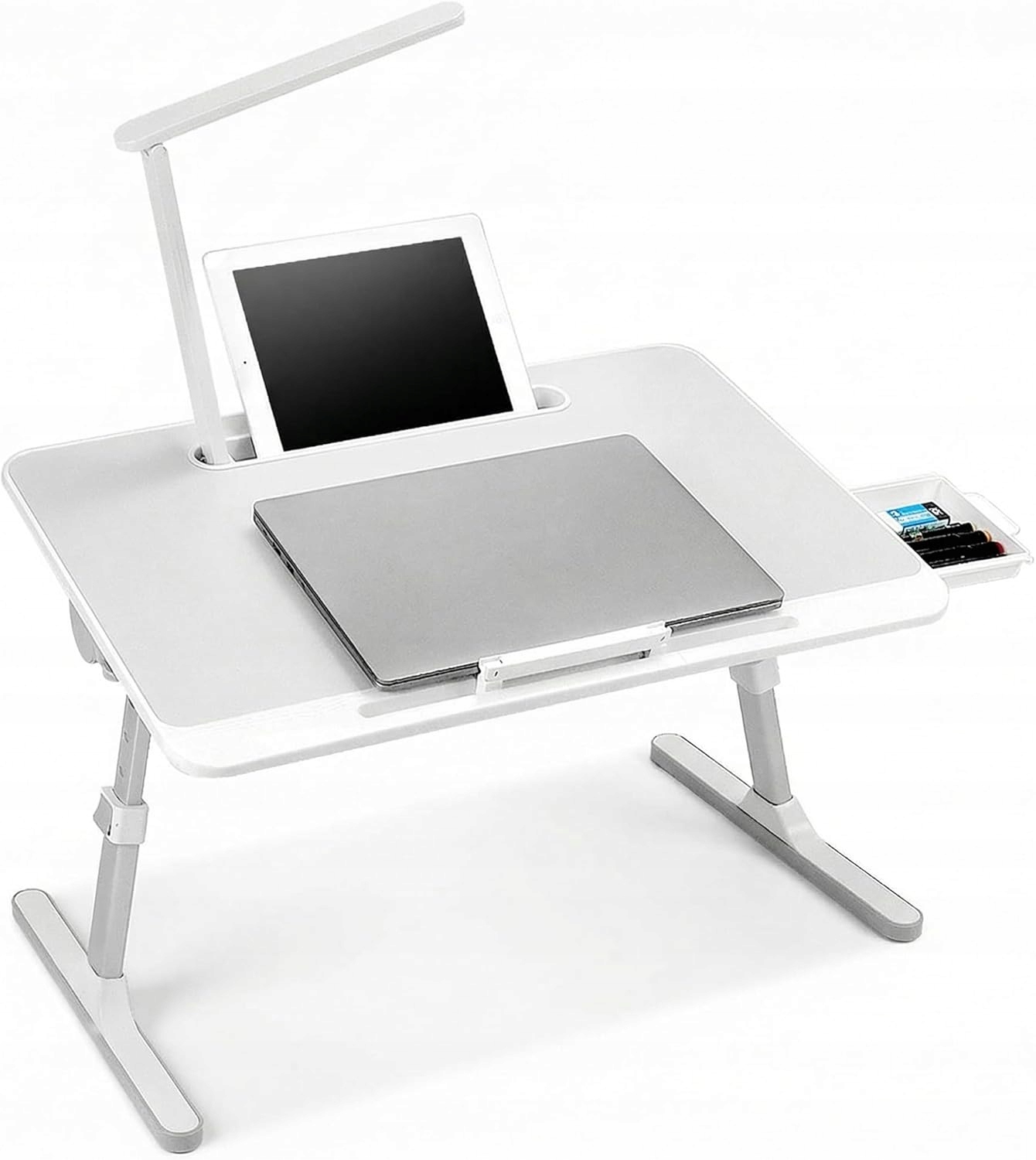 Stolík pod notebook, skladací, nastaviteľný stolík k posteli, Led zásuvka