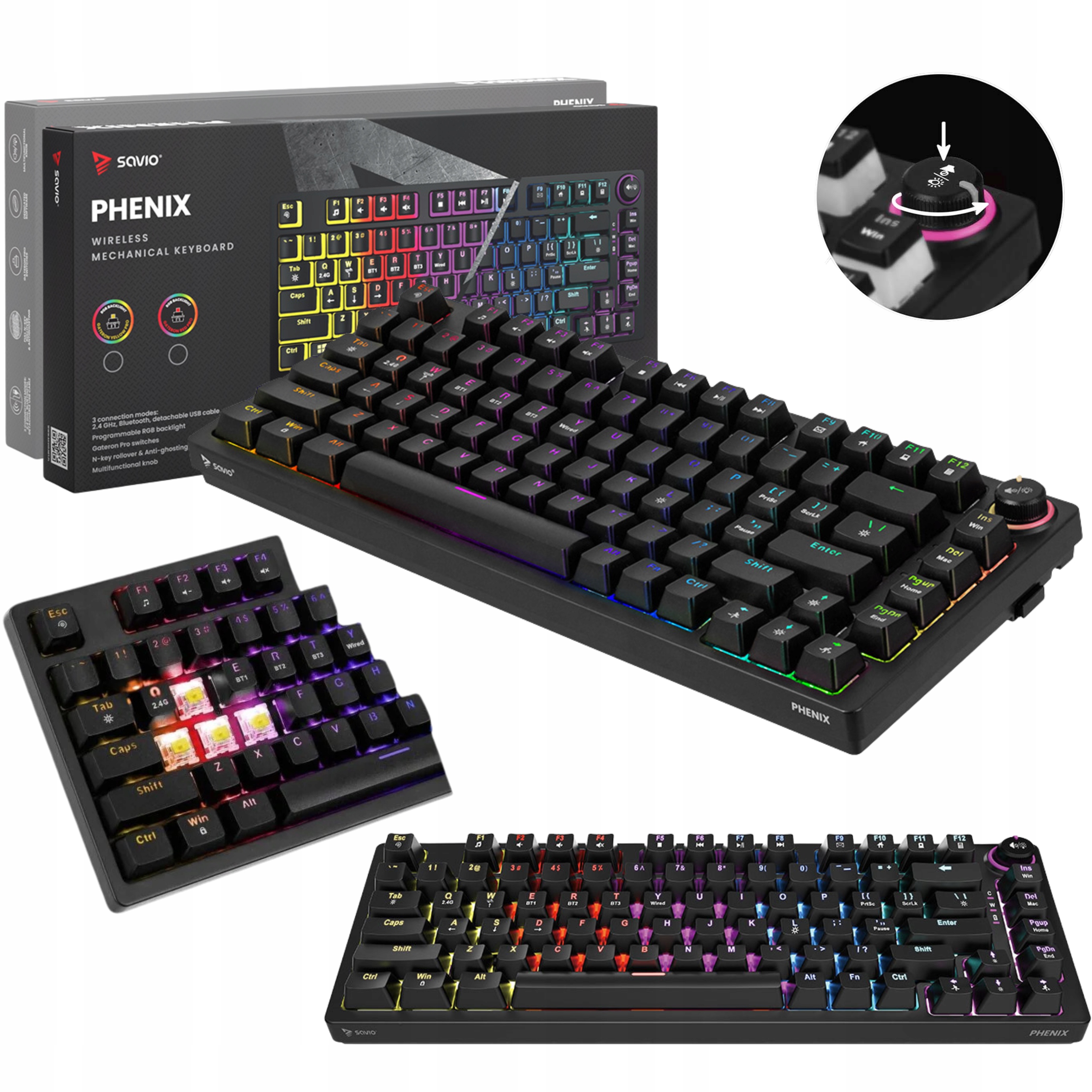 Bezdrátová herní klávesnice Savio Phenix Gateron Yellow Pro Abs Rgb