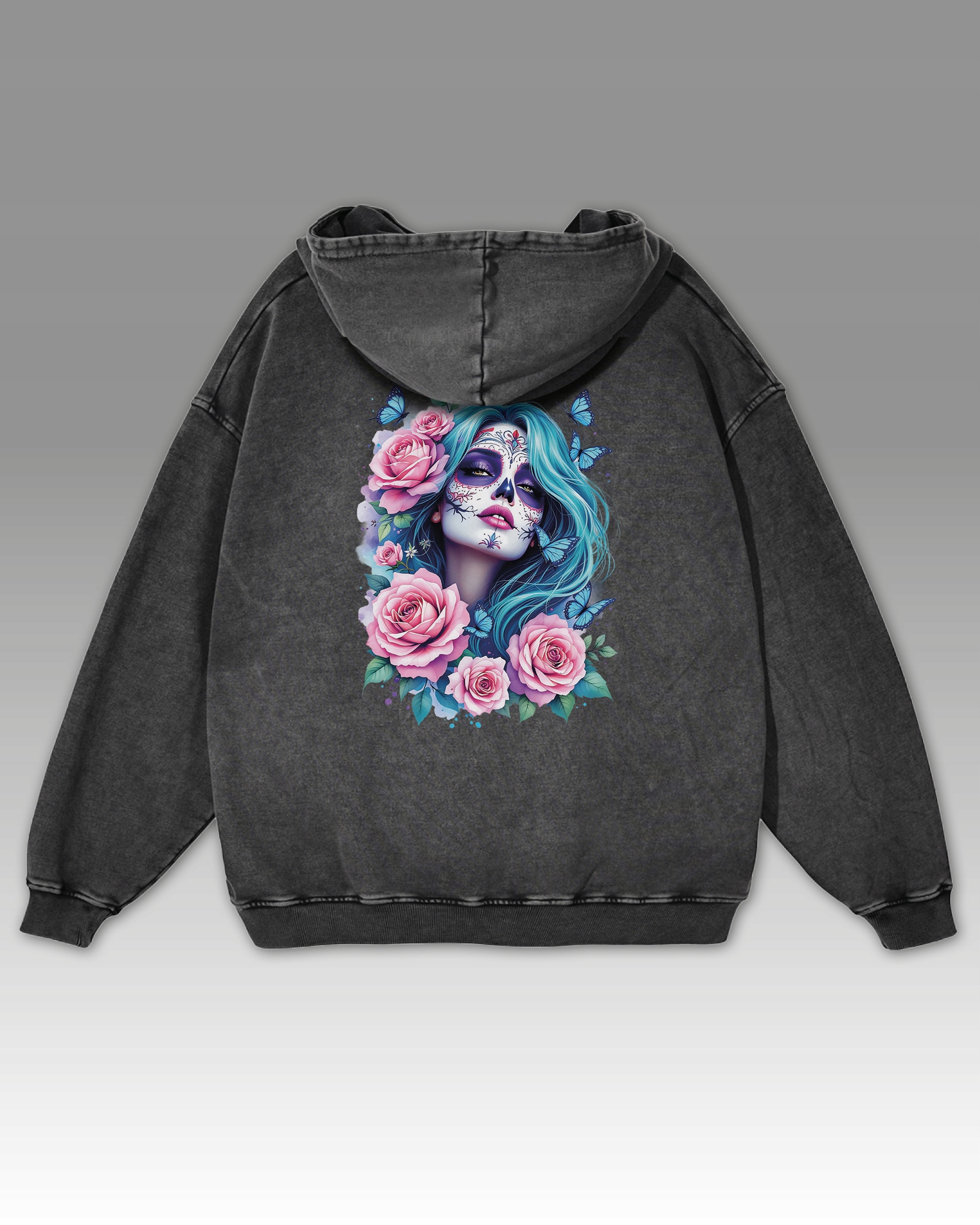 Dámská Oversize mikina s kapucí tetováním květiny a motýla, grafitová, velikost L
